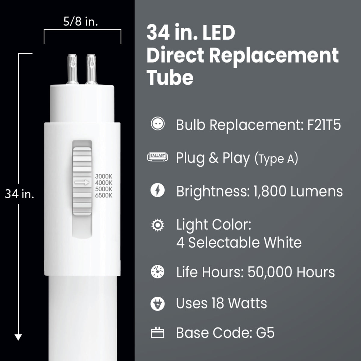34 in. 21W Replacement Adjustable White G5 Base Direct Replacement (Type A) (T5 Replacement) LED Linear Tube
