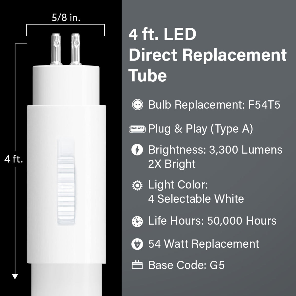 4 ft. 32W (54W Replacement) Adjustable White G5 Base Direct Replacement (Type A) (T5 Replacement) High Output LED Linear Tube (2-Pack)