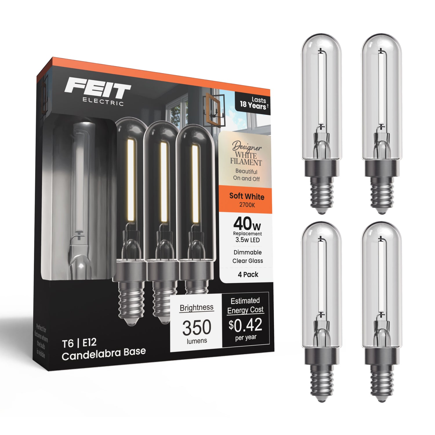 3.5W (40W Replacement) T6 E12 Dimmable Designer Single White Filament LED Bulb, Soft White (4-Pack)