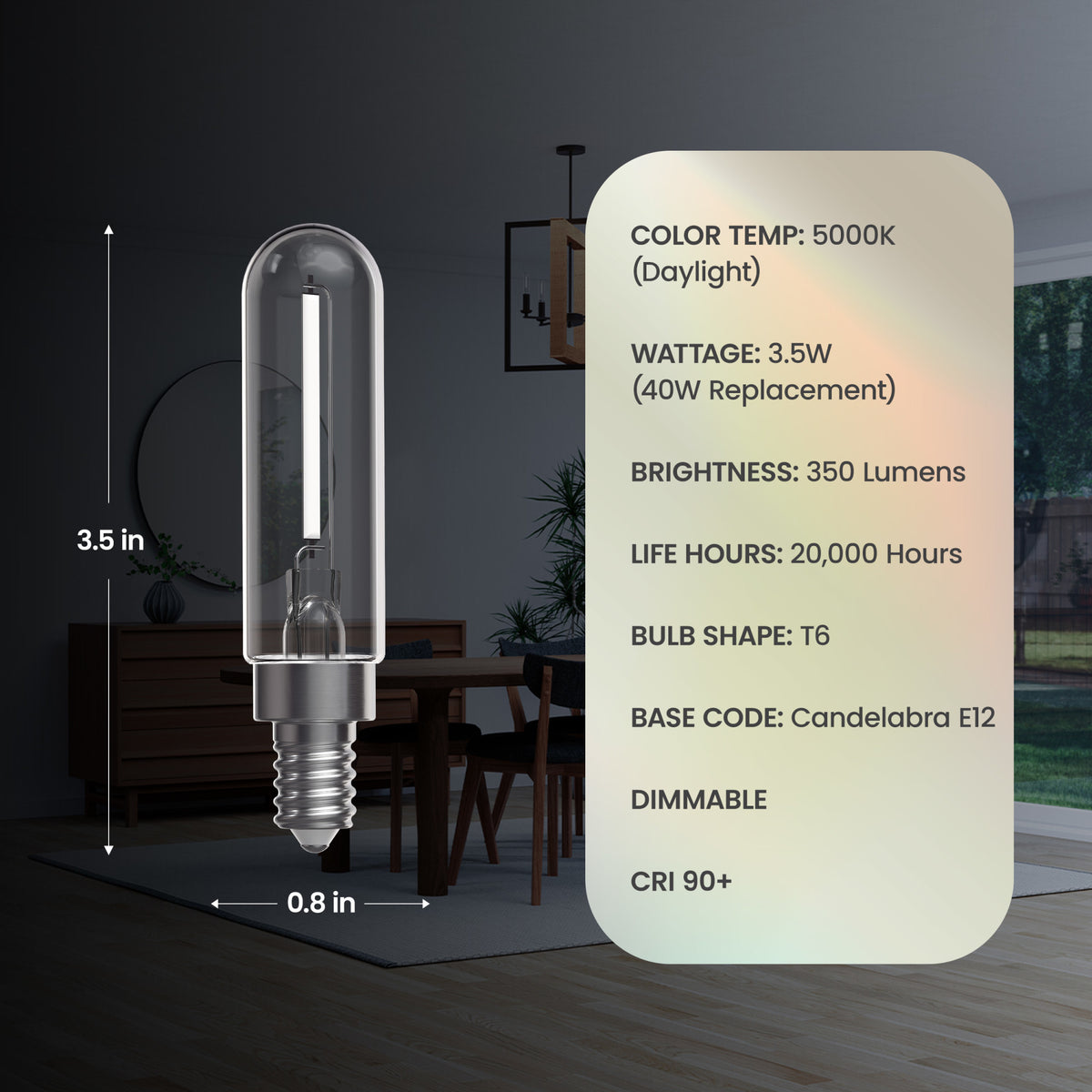 3.5W (40W Replacement) T6 E12 Dimmable Designer Single White Filament LED Bulb, Daylight (4-Pack)