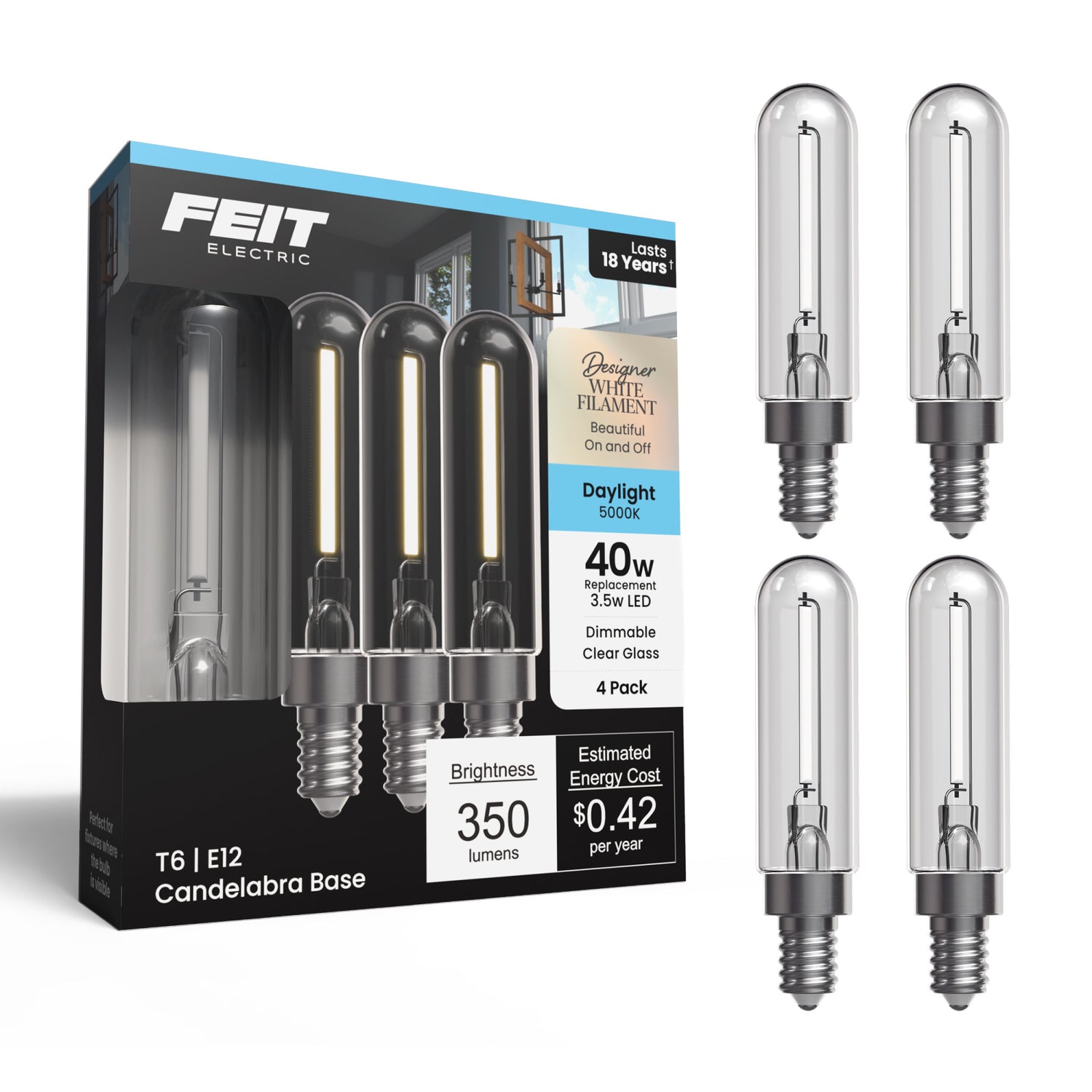 3.5W (40W Replacement) T6 E12 Dimmable Designer Single White Filament LED Bulb, Daylight (4-Pack)