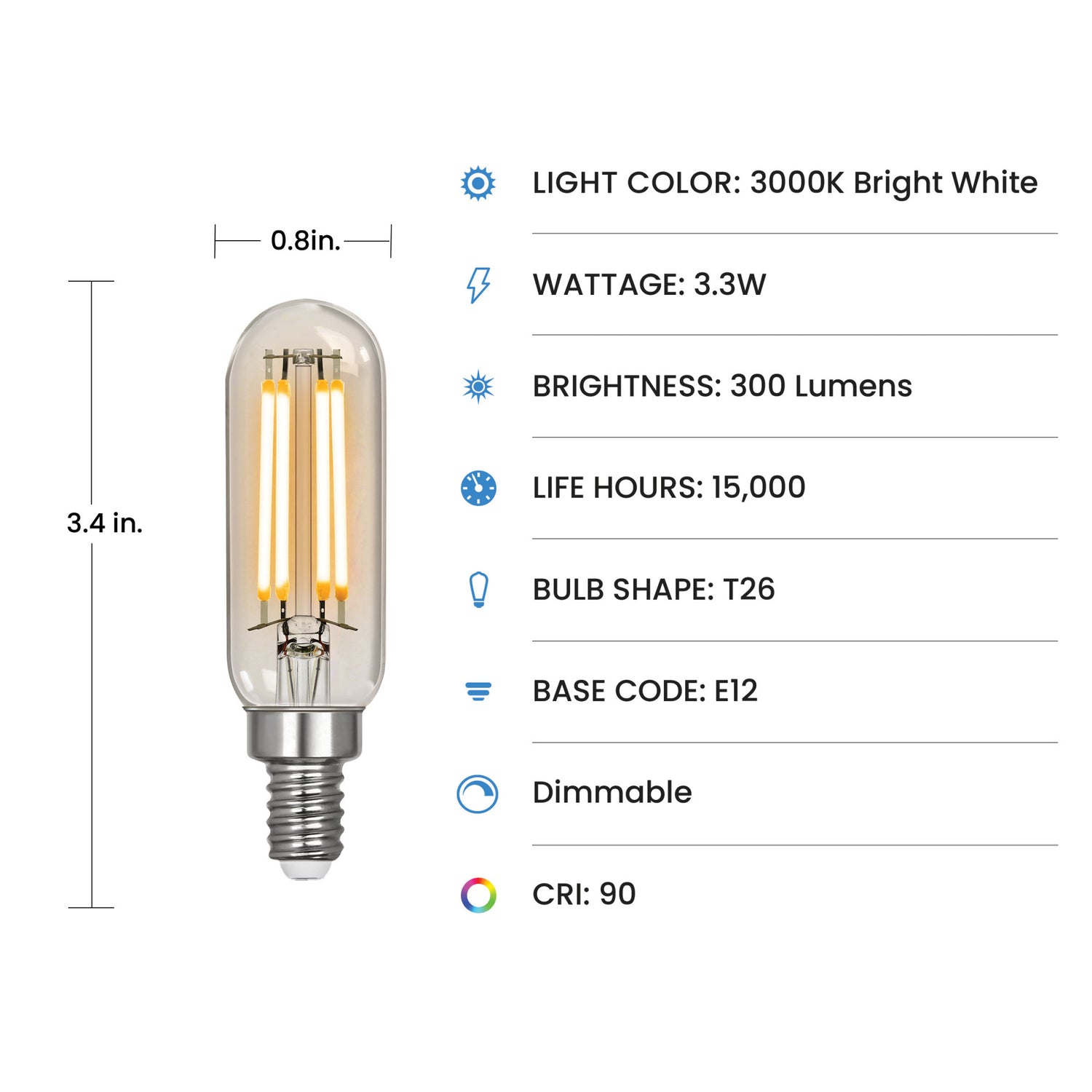 3.3W (40W Replacement) Bright White (3000K) E12 Base T6 Filament LED (4-Pack)