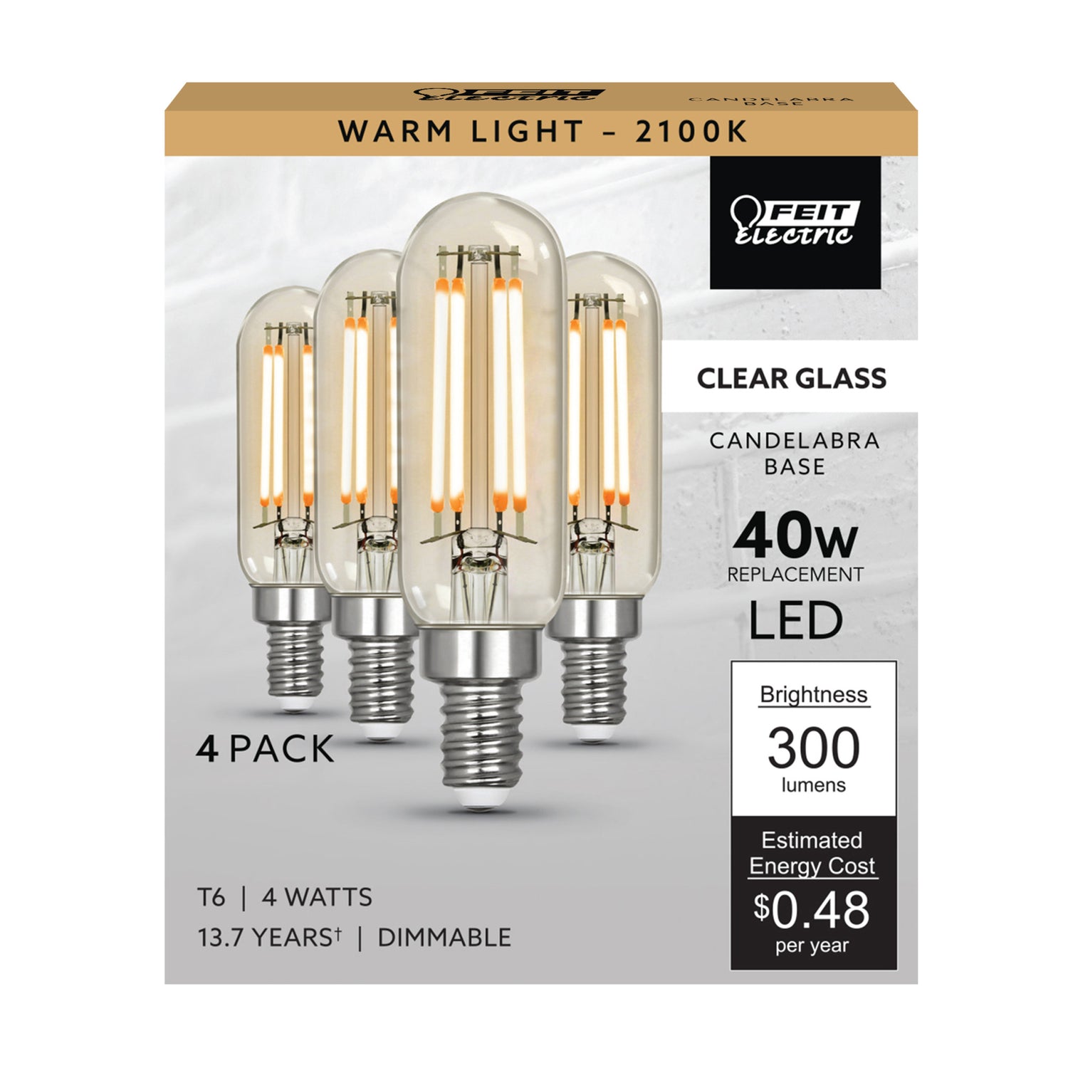 4W (40W Equivalent) Warm Light (2100K) T6 Shape (E12 Base) Clear Glass Filament LED (4-Pack)