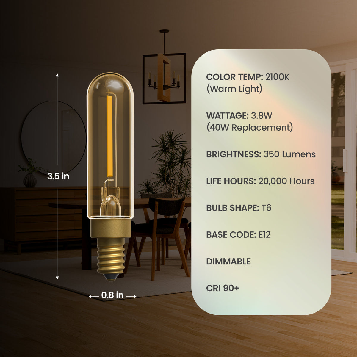 3.8W (40W Replacement) T6 E12 Dimmable Single Filament Vintage LED Bulb, Warm Light (4-Pack)