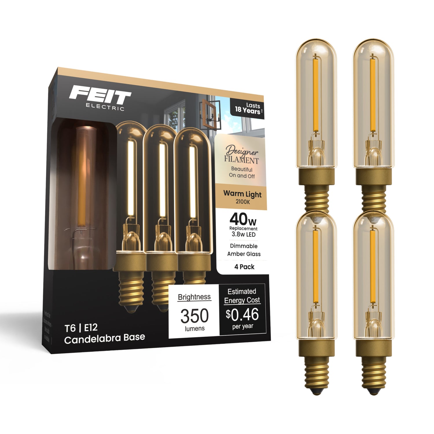 3.8W (40W Replacement) T6 E12 Dimmable Single Filament Vintage LED Bulb, Warm Light (4-Pack)