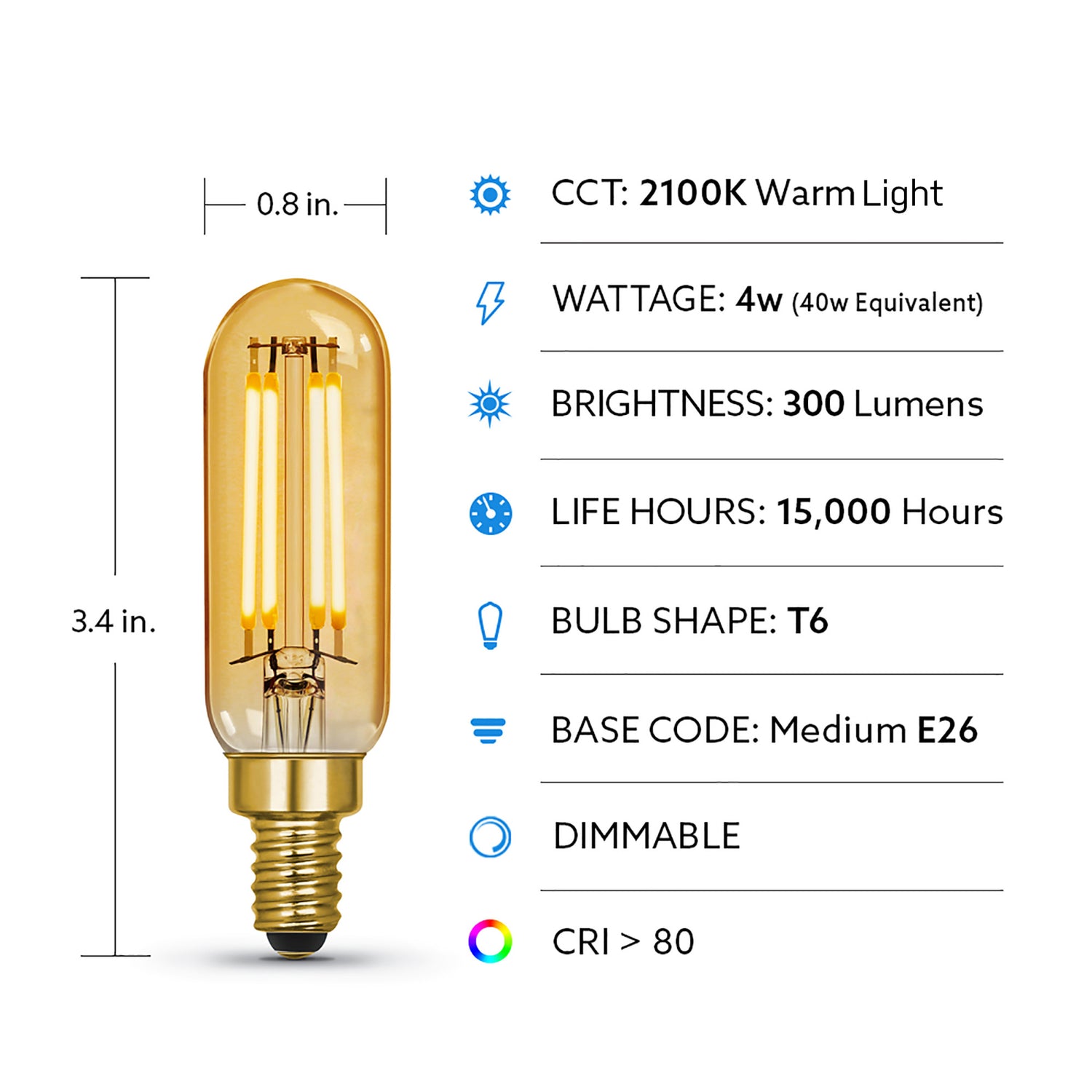 4W (40W Replacement) Warm Light (2100K) T6 Shape (E12 Base) Clear Glass Filament LED (4-Pack)
