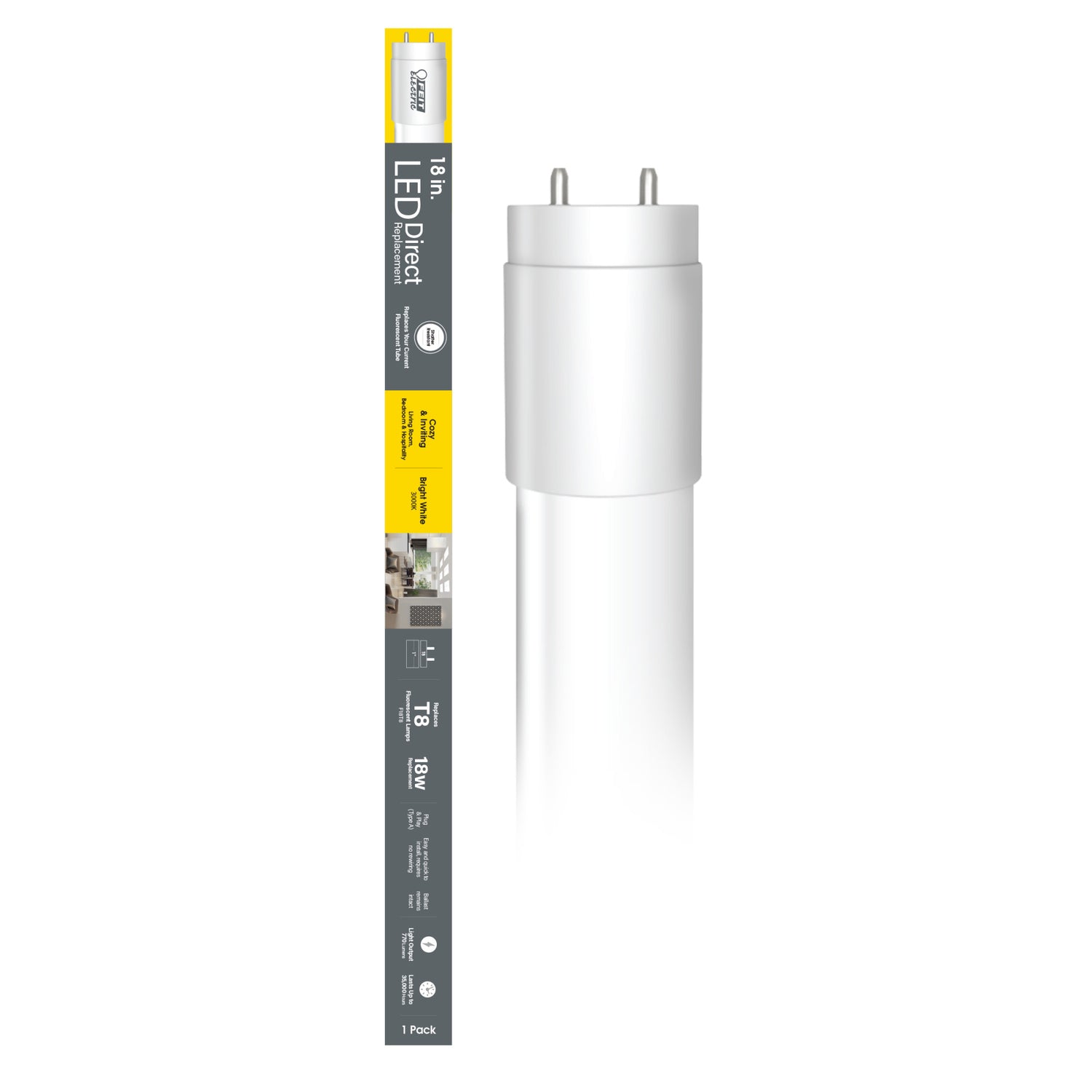 18 in. 15W Replacement Bright White (3000K) G13 Base (T8 Replacement) Direct Replacement (Type A) LED Linear Tube