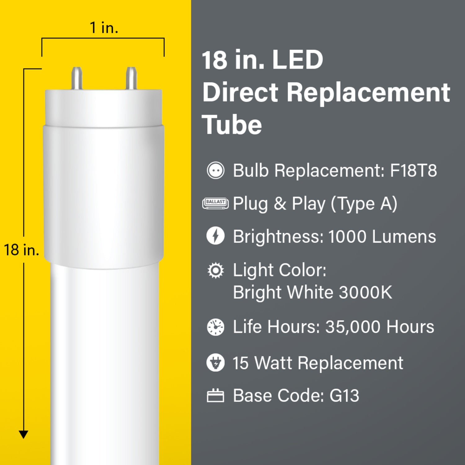 18 in. 15W Replacement Bright White (3000K) G13 Base (T8 Replacement) Direct Replacement (Type A) LED Linear Tube