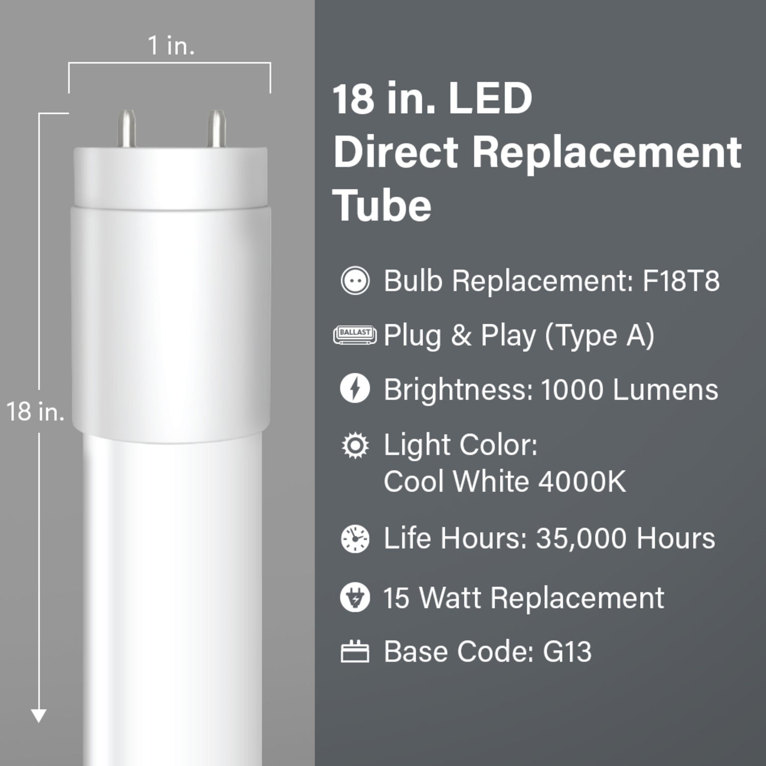 18 in. 15W Replacement Cool White (4000K) G13 Base Direct Replacement (Type A) (T8 Replacement) LED Linear Tube