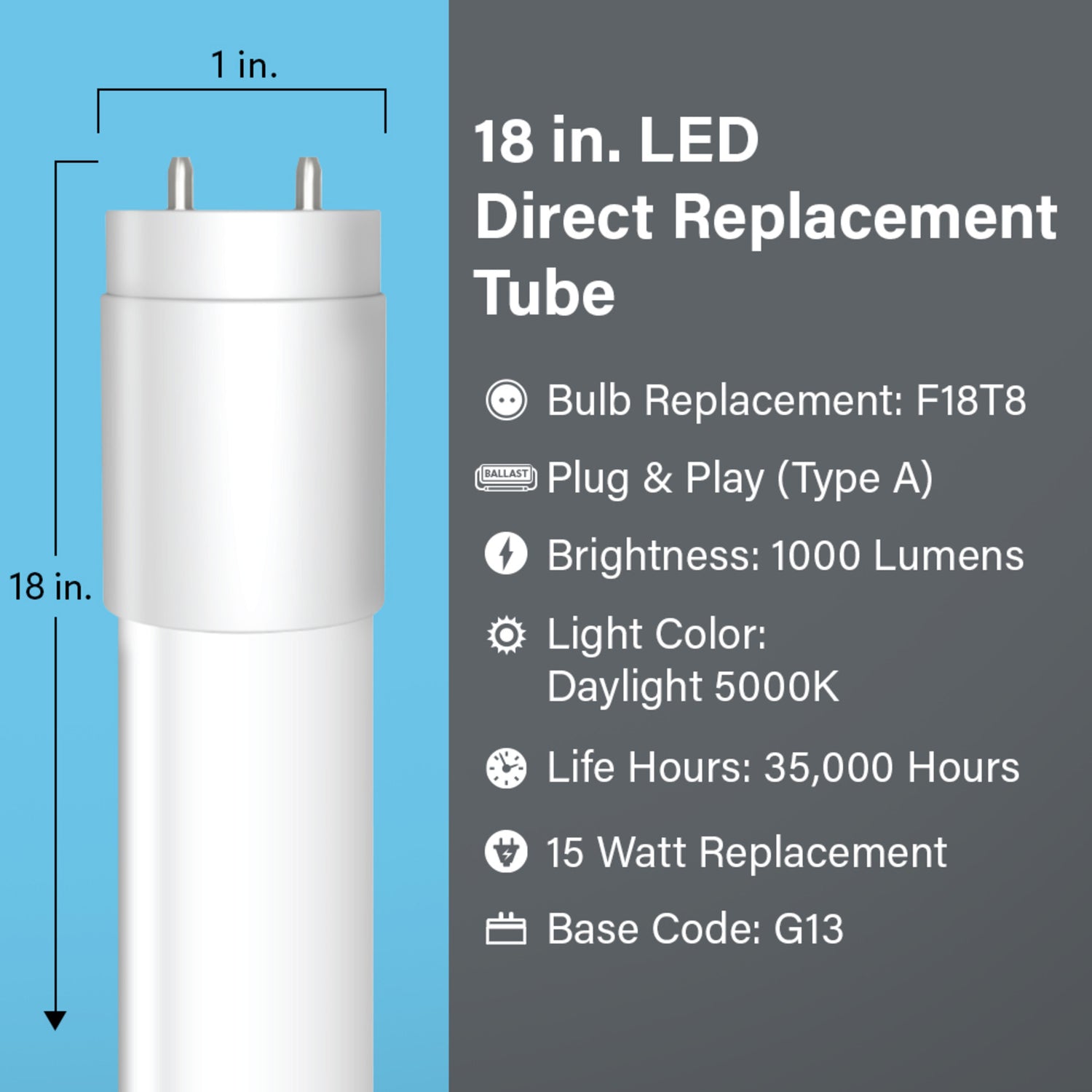 18 in. 15W Replacement Daylight White (5000K) G13 Base (T8 Replacement) Direct Replacement (Type A) LED Linear Tube