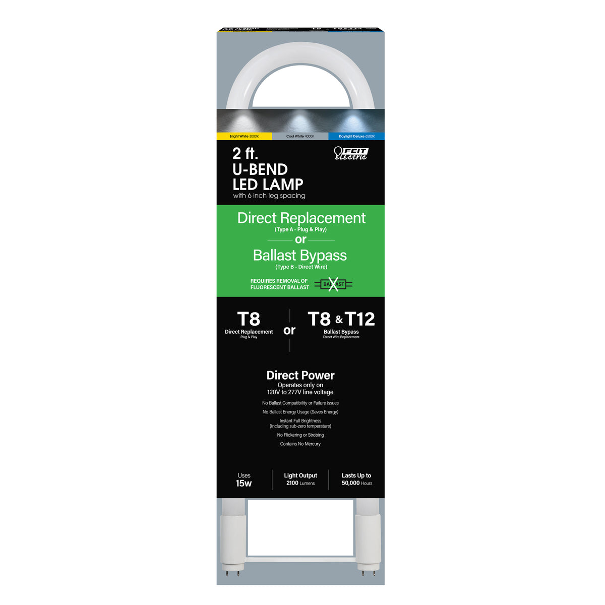 6 in. 15W (32W Replacement) Adjustable White G13 Base (T8 or T8 and T12 Replacement) U-Bend Linear LED Tube