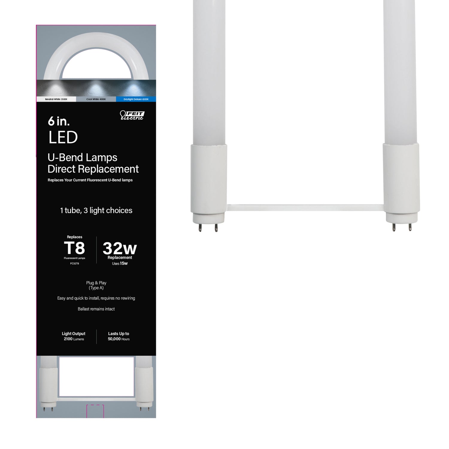 6 in. 15W (32W Replacement) Selectable White G13 Base (T8 or T8 and T12 Replacement) U-Bend Linear LED Tube