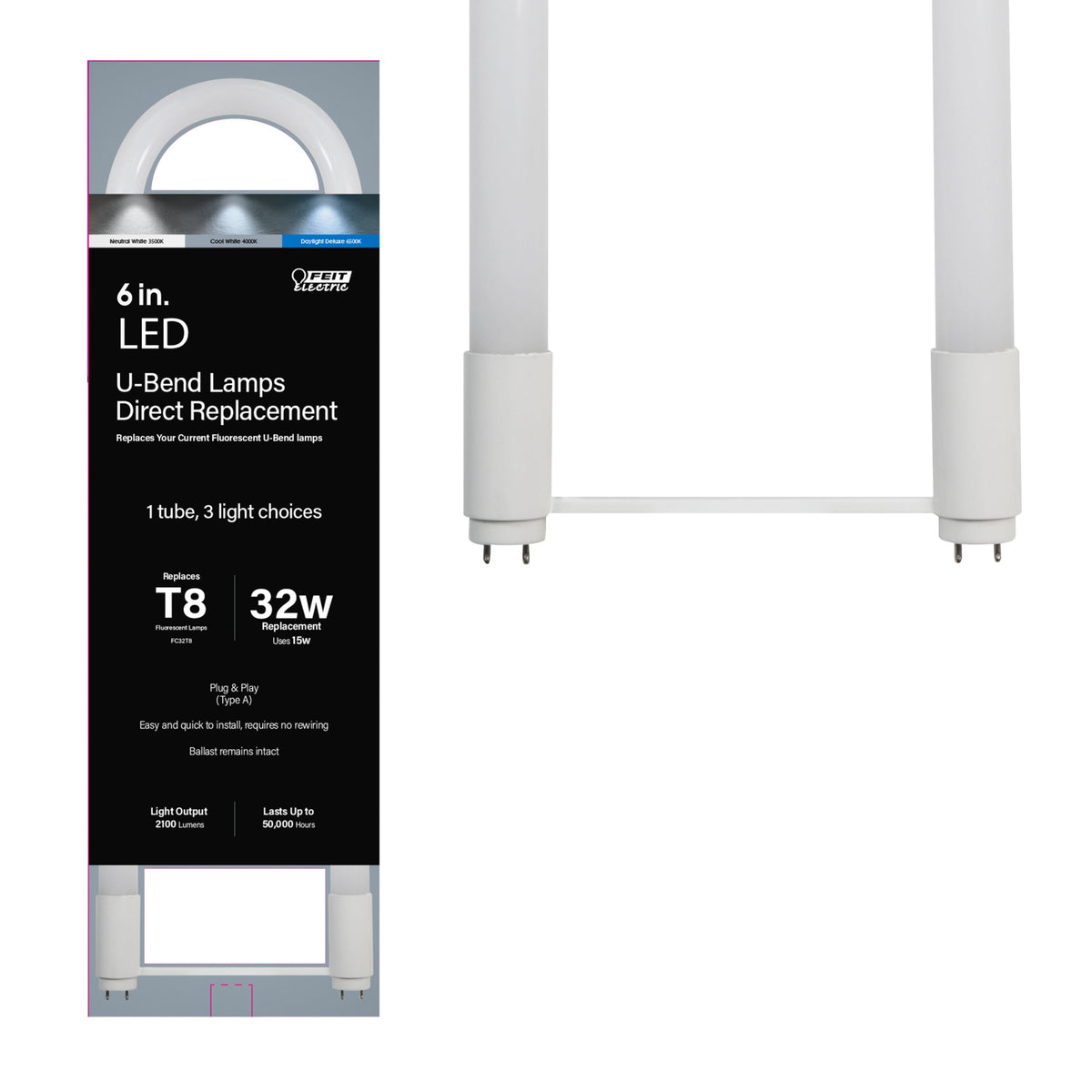6 in. 15W (32W Replacement) Adjustable White G13 Base (T8 or T8 and T12 Replacement) U-Bend Linear LED Tube
