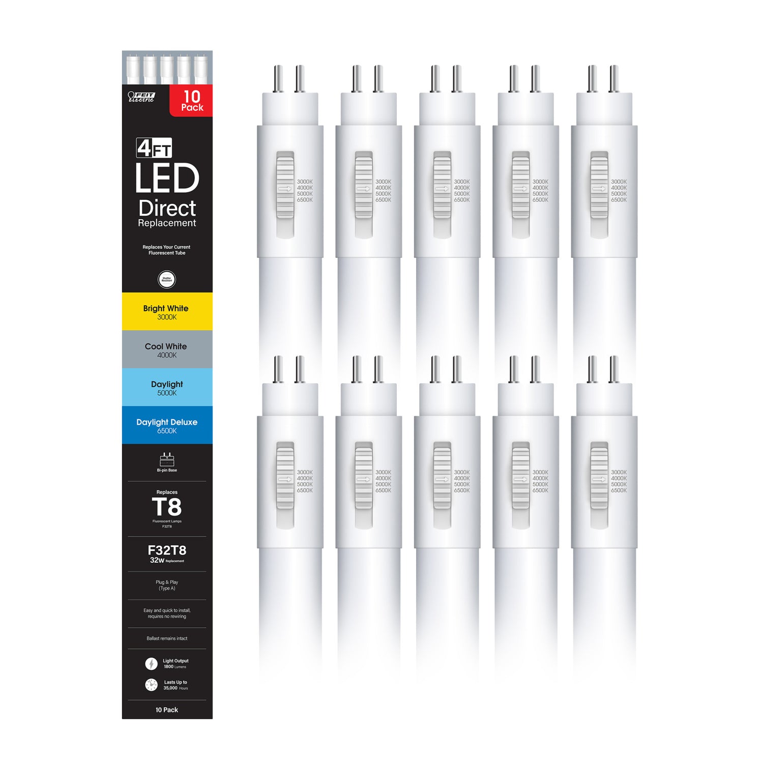 4 ft. 18W (32W Replacement) Adjustable White T8 Direct Replacement (Type A) LED Tube (10-Pack)