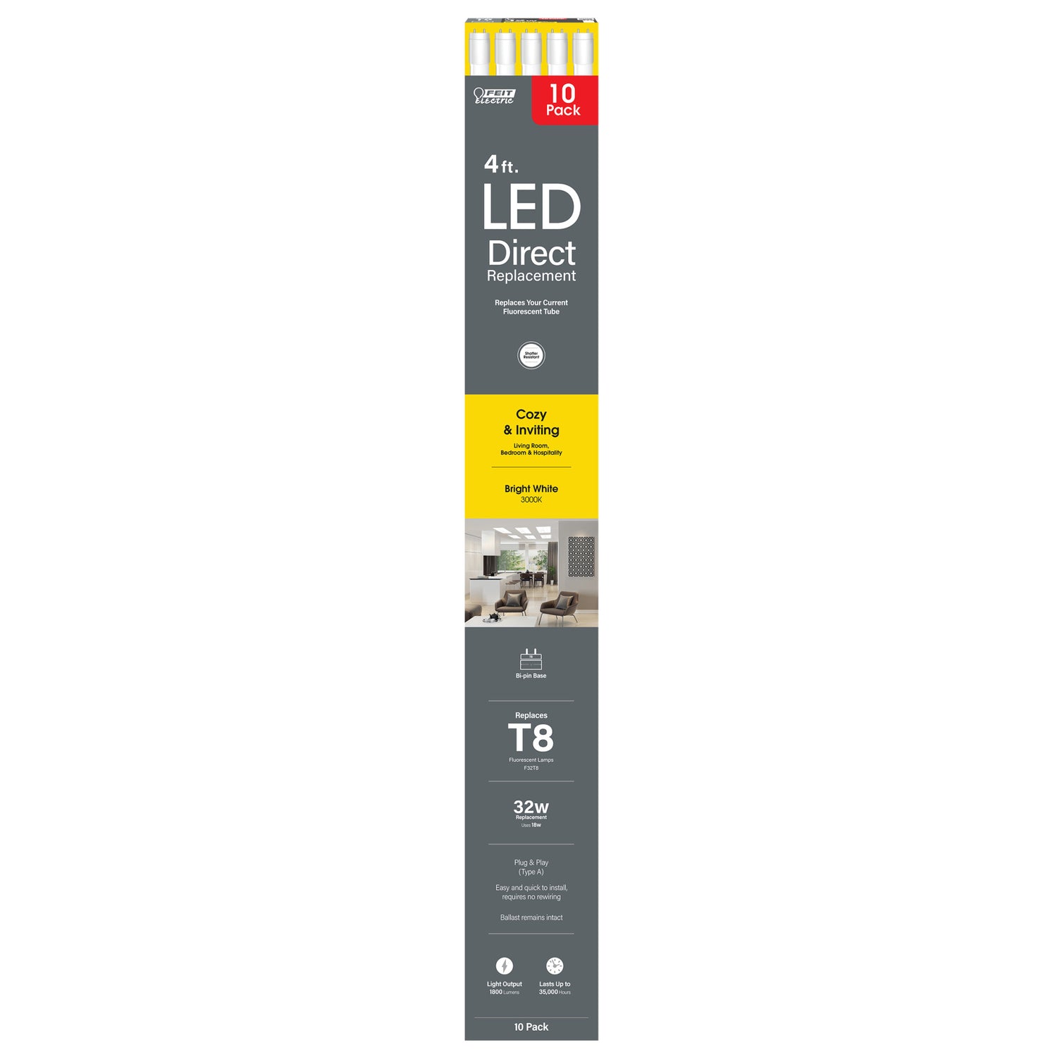 4 ft. 18W (32W Replacement) Bright White (3000K) G13 Base Direct Replacement (Type A) (T8 Replacement) LED Linear Tube (10-Pack)