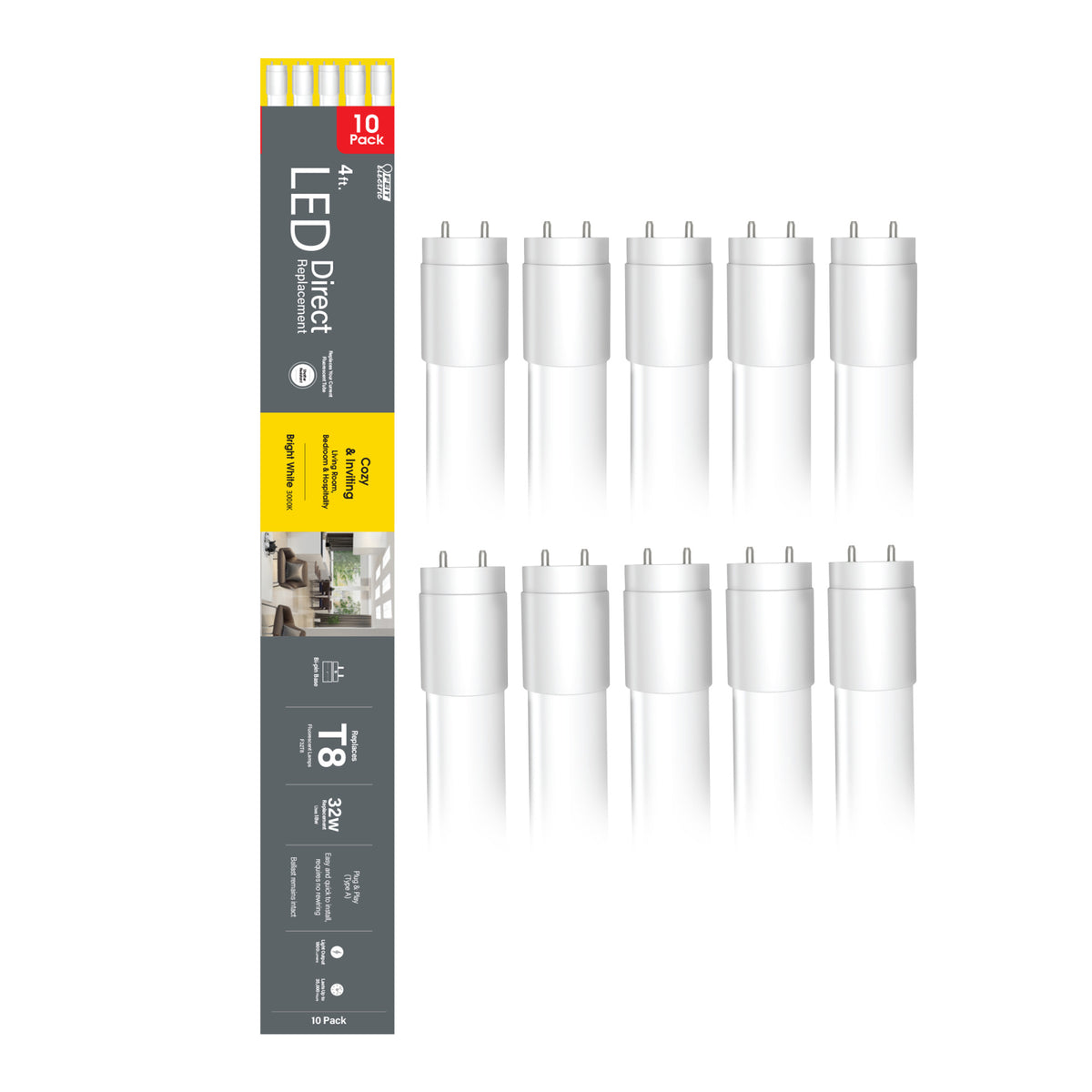 4 ft. 18W (32W Replacement) Bright White (3000K) G13 Base Direct Replacement (Type A) (T8 Replacement) LED Linear Tube (10-Pack)