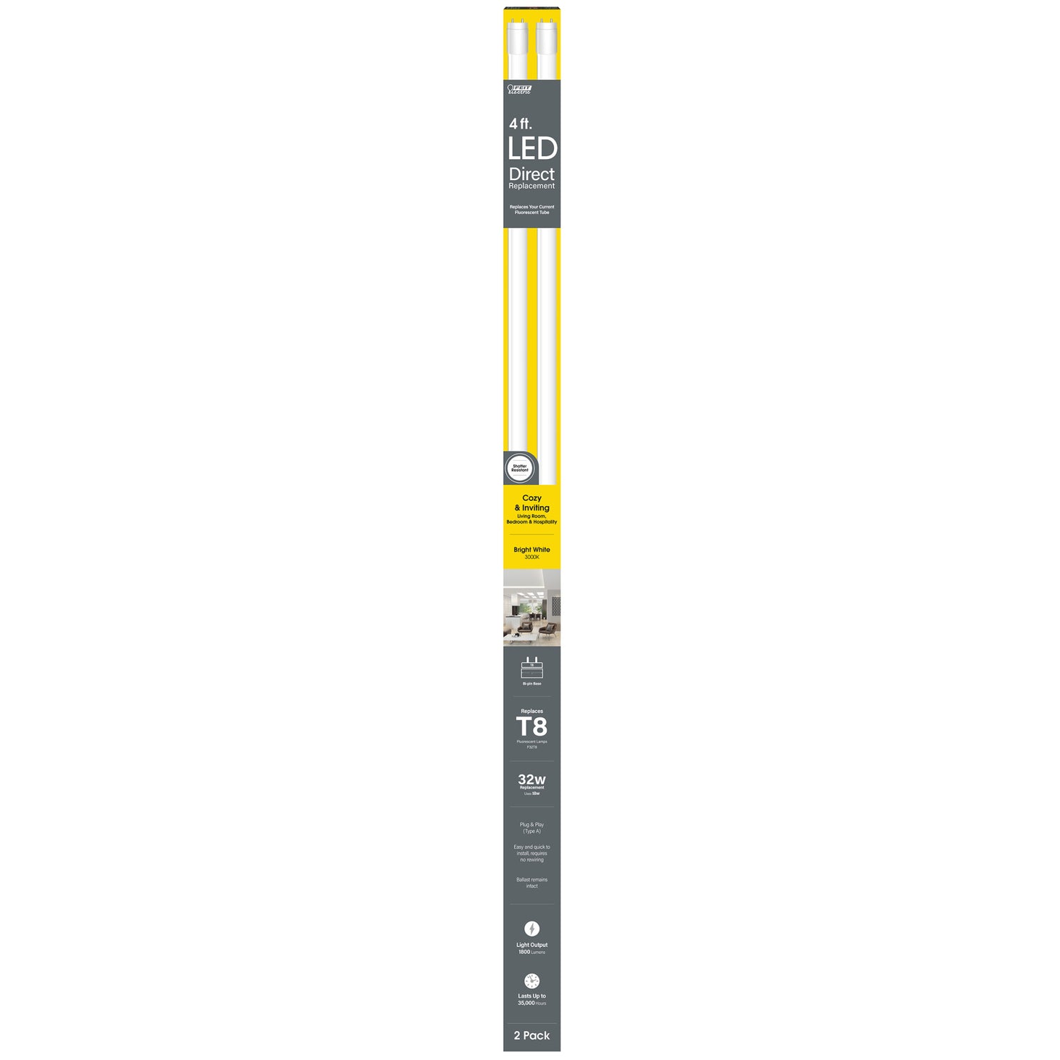 4 ft. 18W (32W Replacement) Bright White (3000K) G13 Base Direct Replacement (Type A) (T8 Replacement) LED Linear Tube (2-Pack)