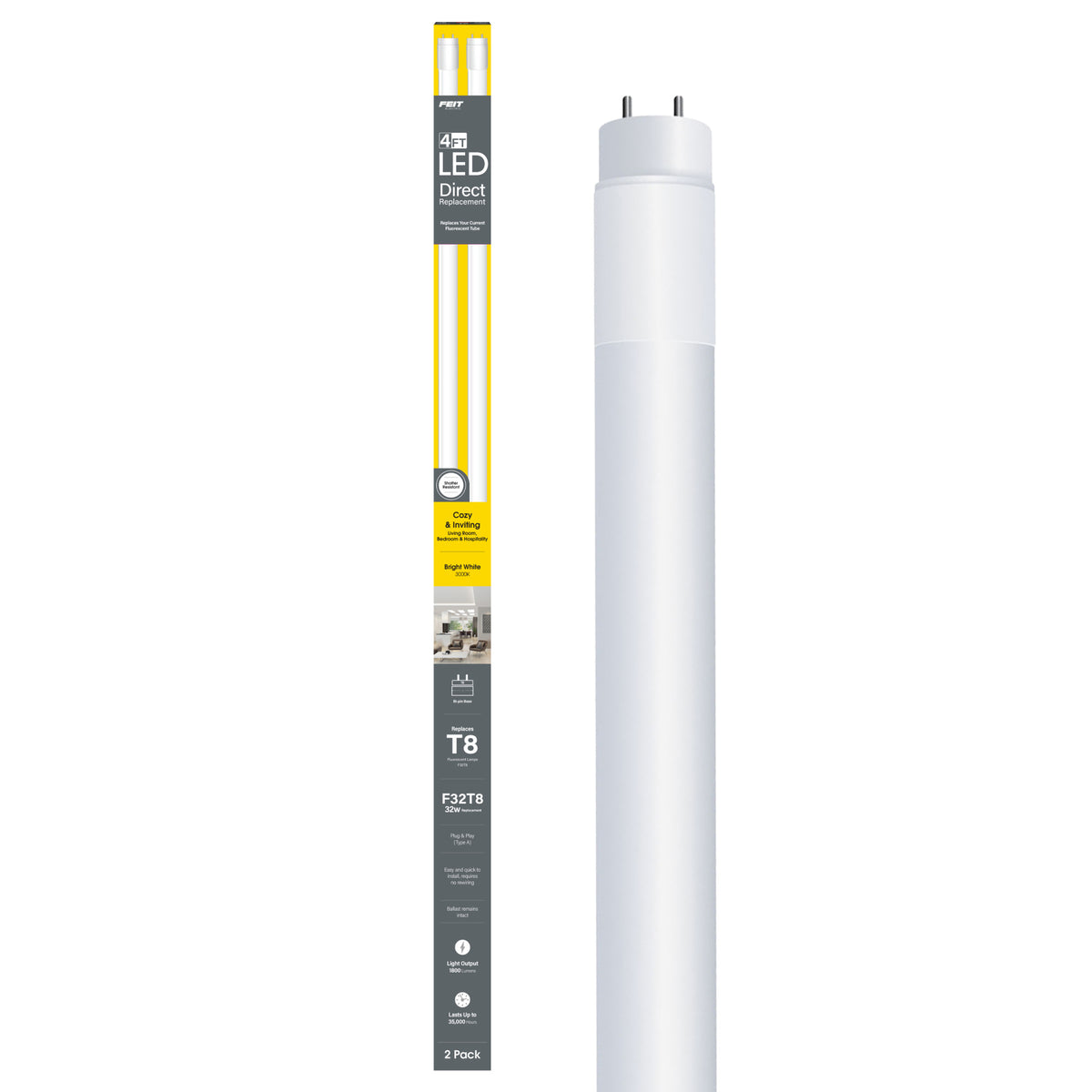 4 ft. 18W (32W Replacement) Bright White (3000K) G13 Base Direct Replacement (Type A) (T8 Replacement) LED Linear Tube (2-Pack)