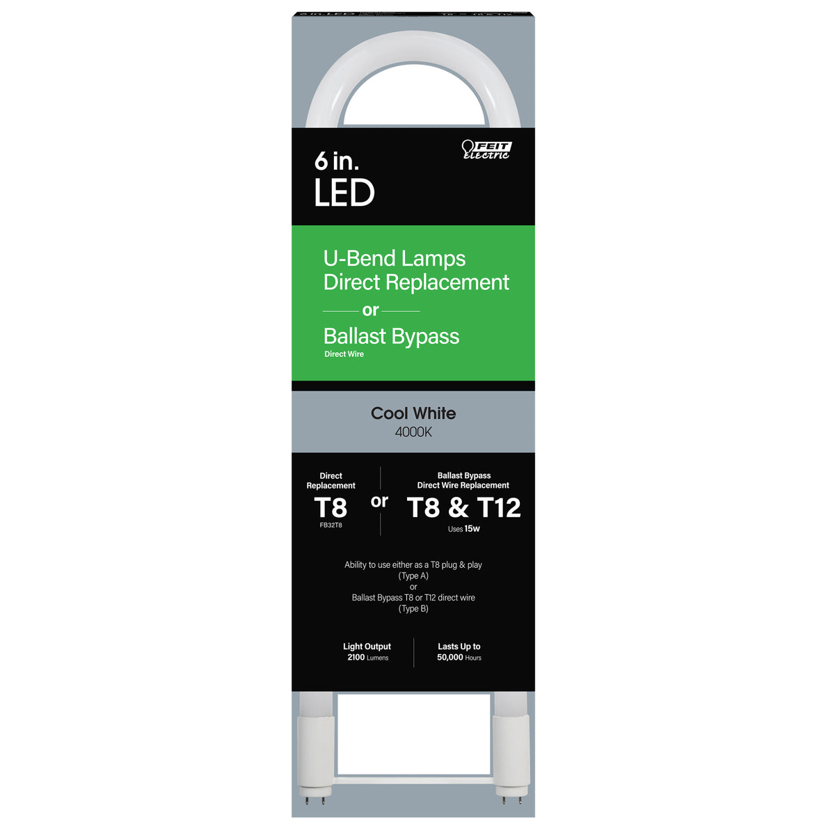 6 in. 15W Cool White 4000K G13 T8 & T12 Direct Replacement & Ballast Bypass Type AB U-Bend Linear LED Tube