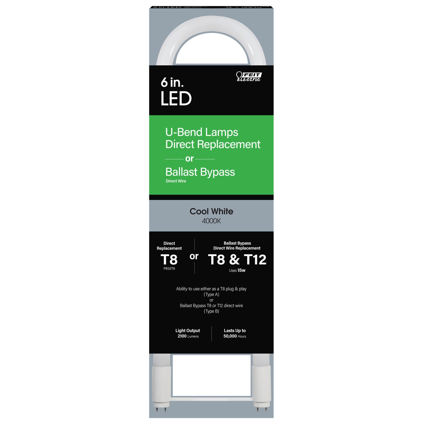 6 in. 15W Cool White 4000K G13 T8 & T12 Direct Replacement & Ballast Bypass Type AB U-Bend Linear LED Tube
