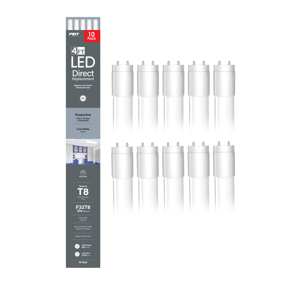 4 ft. 18W (32W Replacement) Cool White (4000K) G13 Base Direct Replacement (Type A) (T8 Replacement) LED Linear Tube (10-Pack)