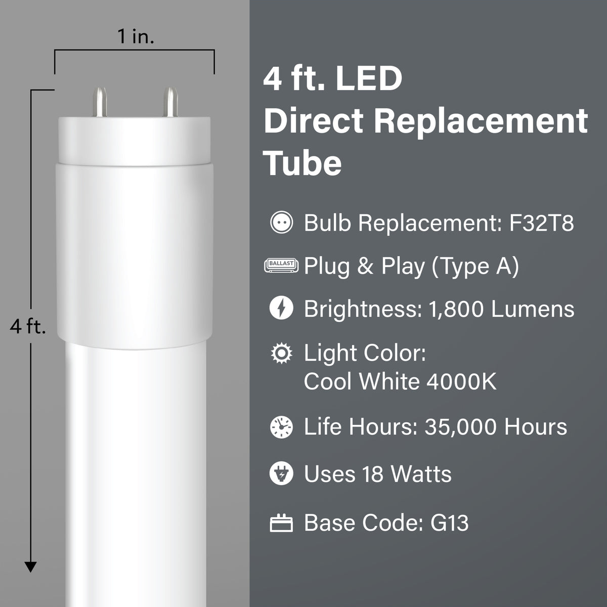 4 ft. 18W Cool White (4100K) T8 Direct Replacement (Type A) LED Light Bulb (2-Pack)