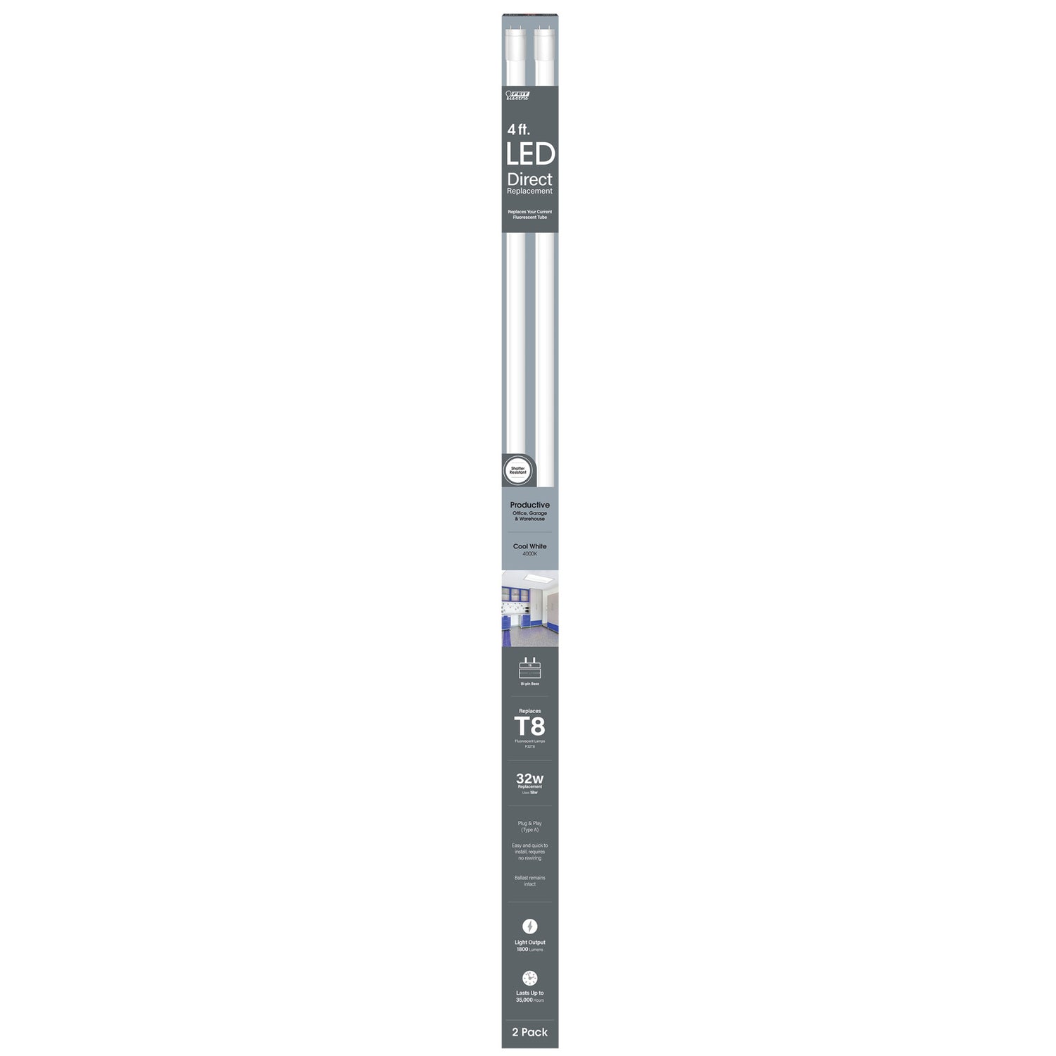 4 ft. 18W (32W Replacement) Cool White (4000K) G13 Base Direct Replacement (Type A) (T8 Replacement) LED Linear Tube (2-Pack)