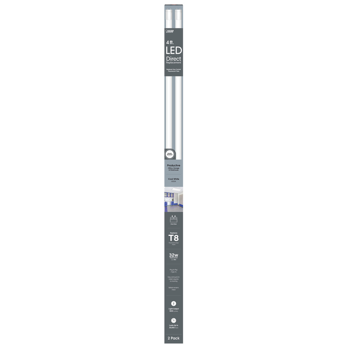 4 ft. 18W (32W Replacement) Cool White (4000K) G13 Base Direct Replacement (Type A) (T8 Replacement) LED Linear Tube (2-Pack)