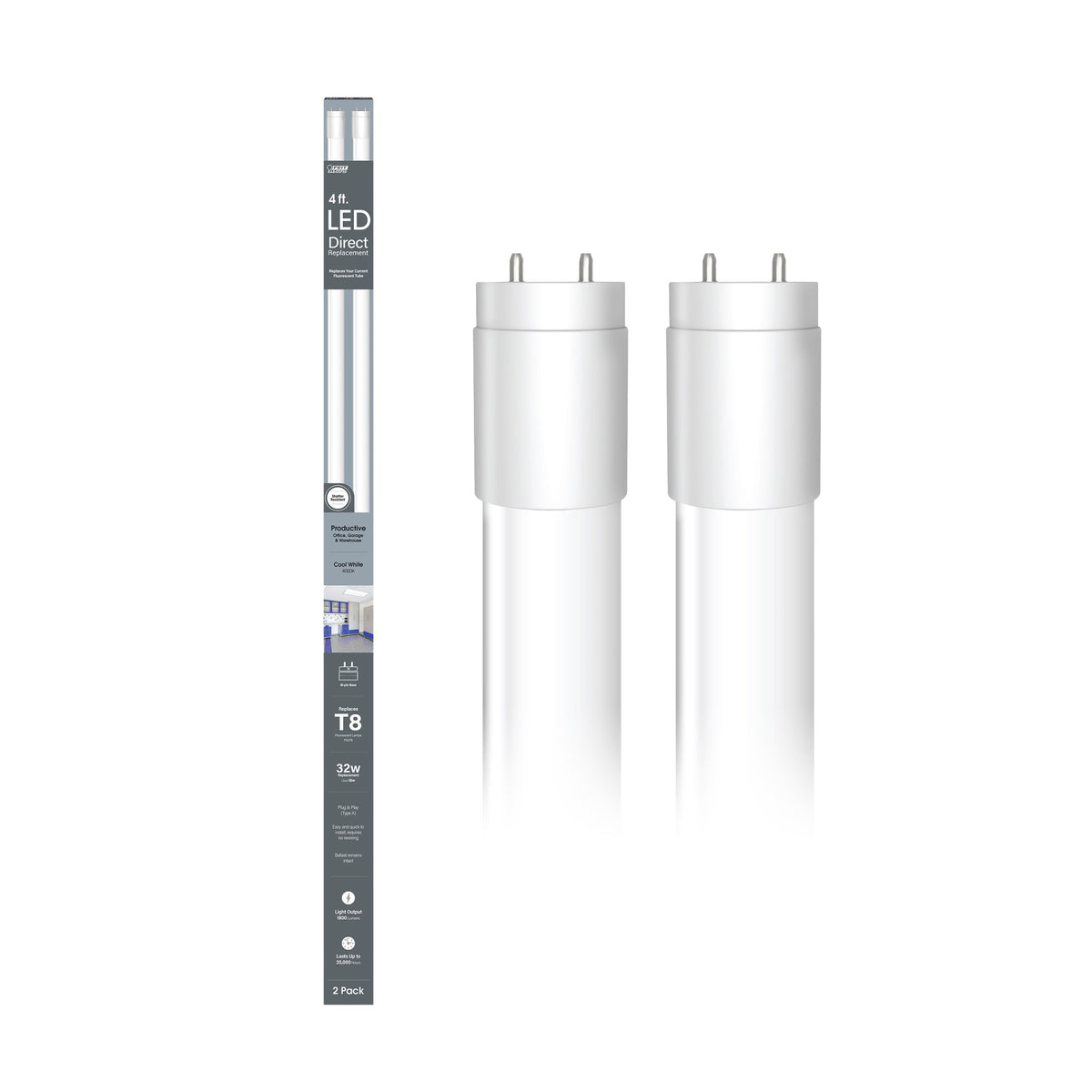 4 ft. 18W (32W Replacement) Cool White (4000K) G13 Base Direct Replacement (Type A) (T8 Replacement) LED Linear Tube (2-Pack)