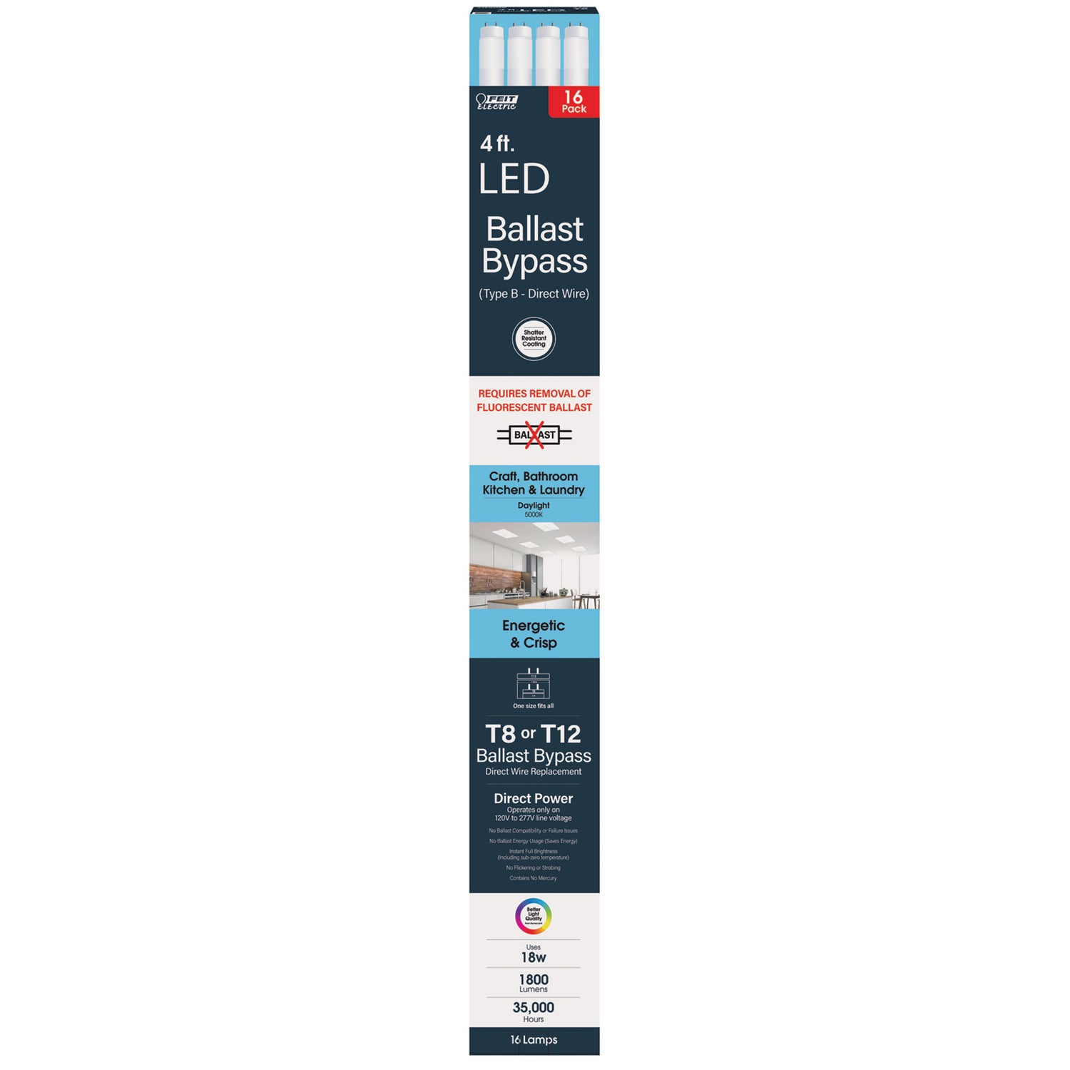4 ft. 18W (32W Replacement) Daylight (5000K) Bi-Pin T8 Ballast Bypass (Type B) LED Linear Tube (16-Pack)