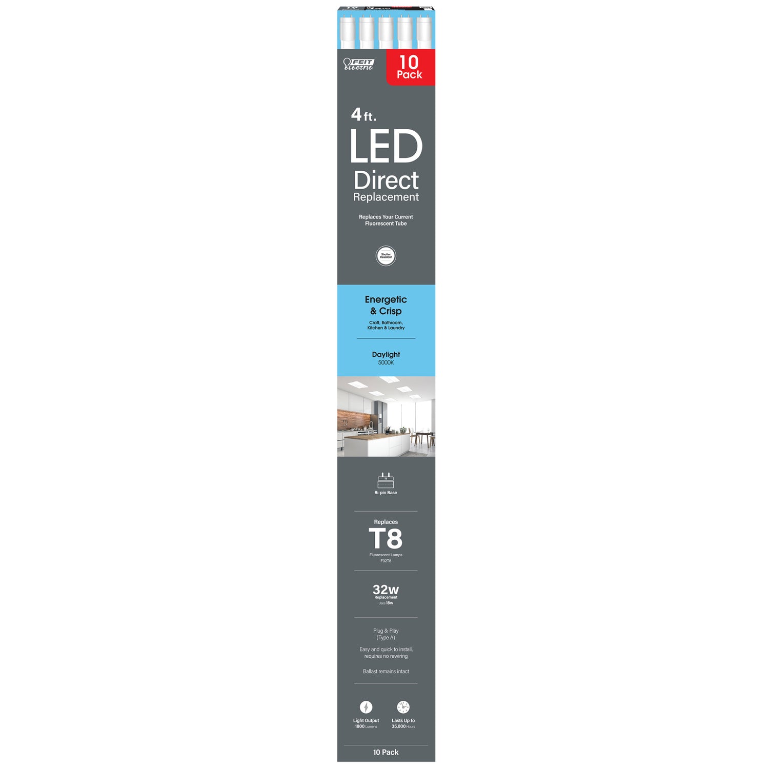 4 ft. 18W (32W Replacement) Daylight (5000K) G13 Base Direct Replacement (Type A) (T8 Replacement) LED Linear Tube (10-Pack)