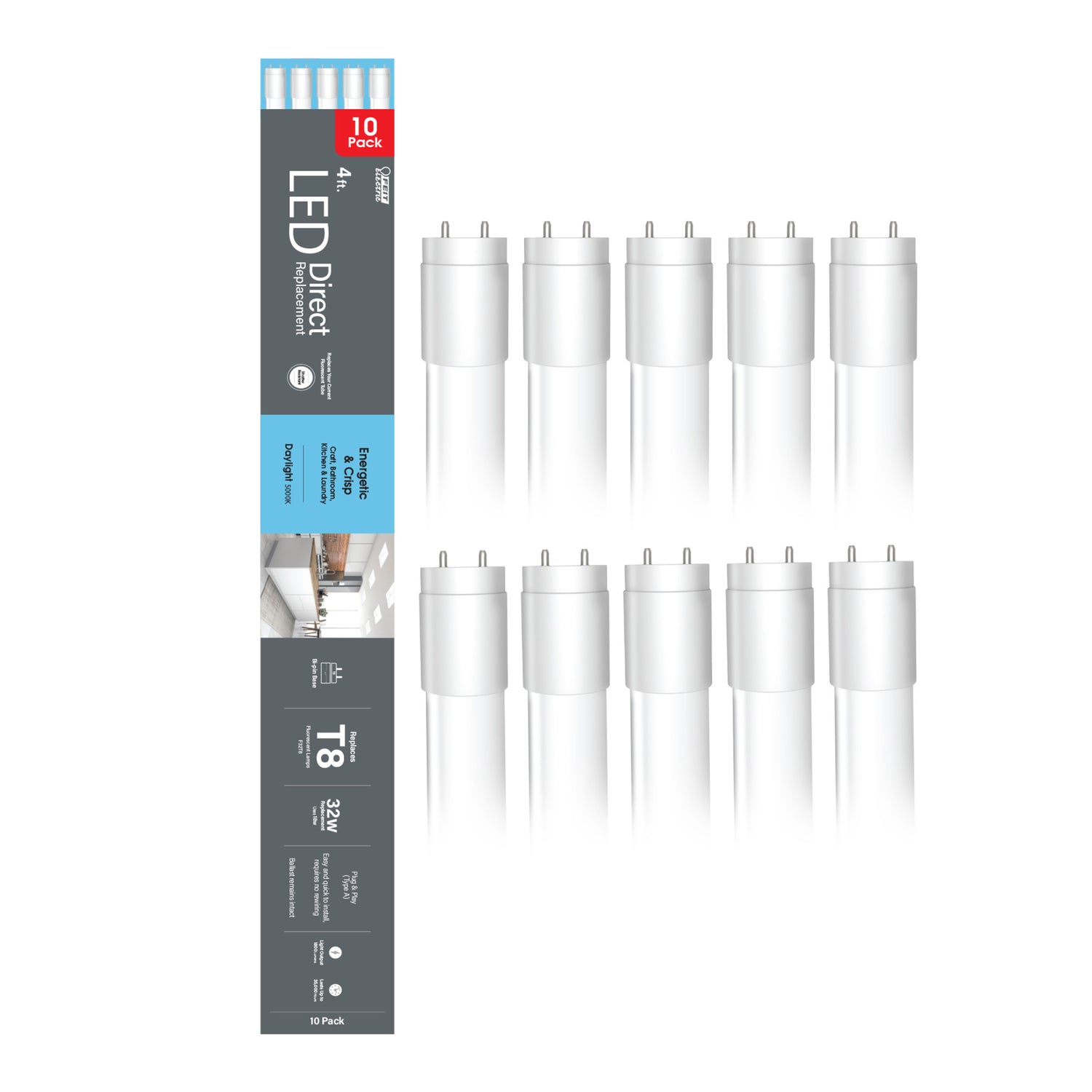 4 ft. 18W (32W Replacement) Daylight (5000K) G13 Base Direct Replacement (Type A) (T8 Replacement) LED Linear Tube (10-Pack)