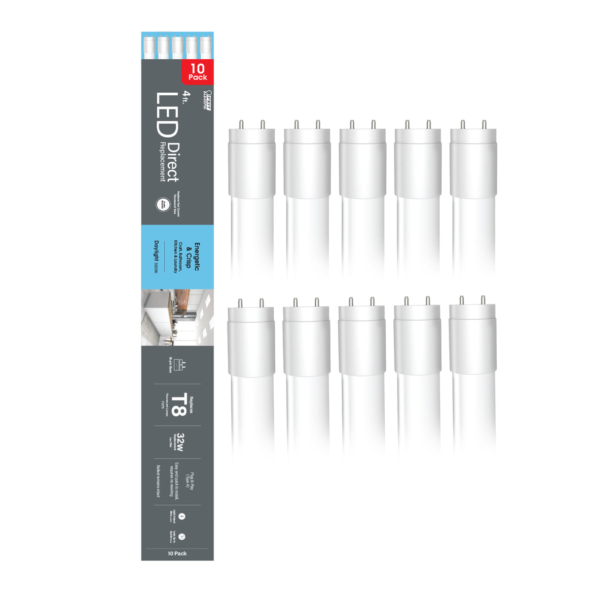 4 ft. 18W (32W Replacement) Daylight (5000K) G13 Base Direct Replacement (Type A) (T8 Replacement) LED Linear Tube (10-Pack)