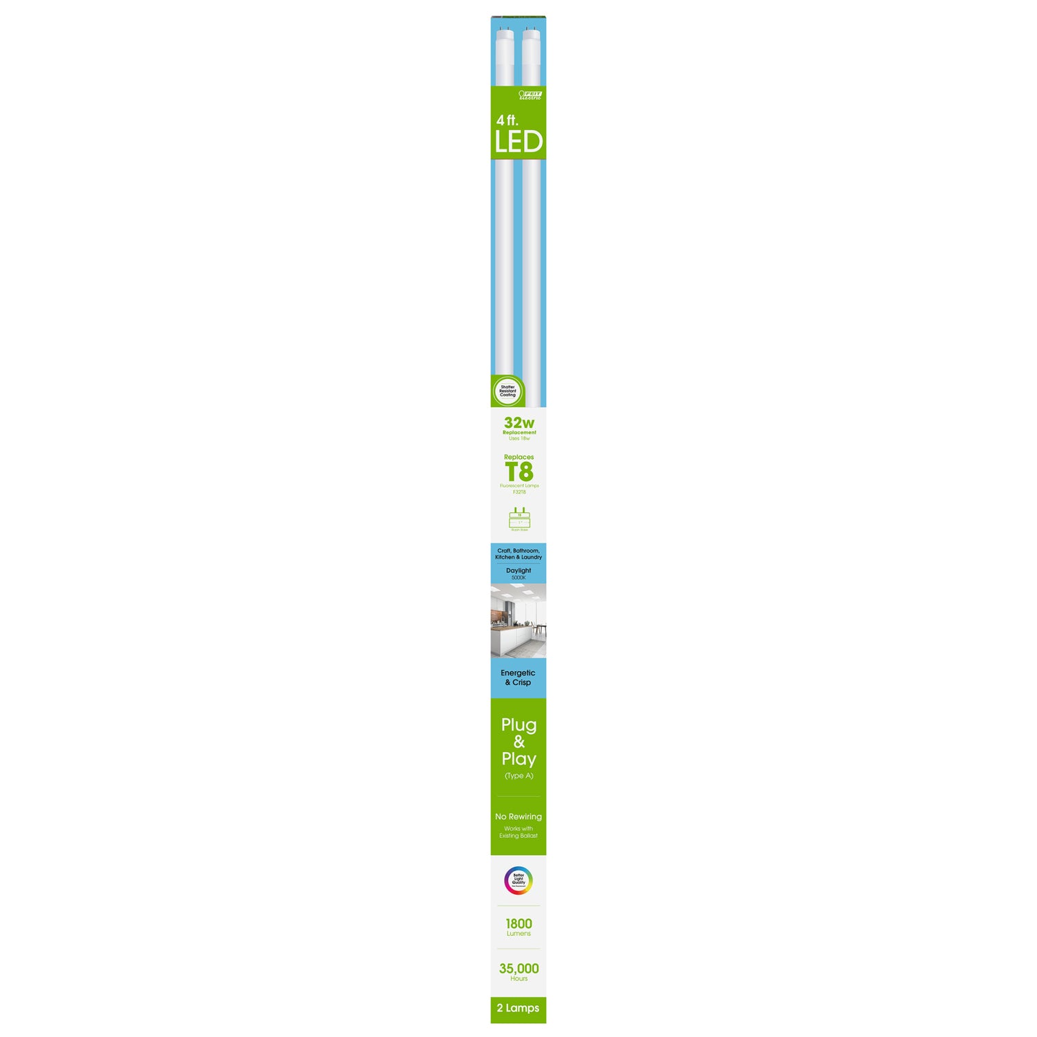 4 ft. 18W (32W Replacement) Daylight (5000K) T8 Direct Replacement (Type A) LED Light Bulb (2-Pack)