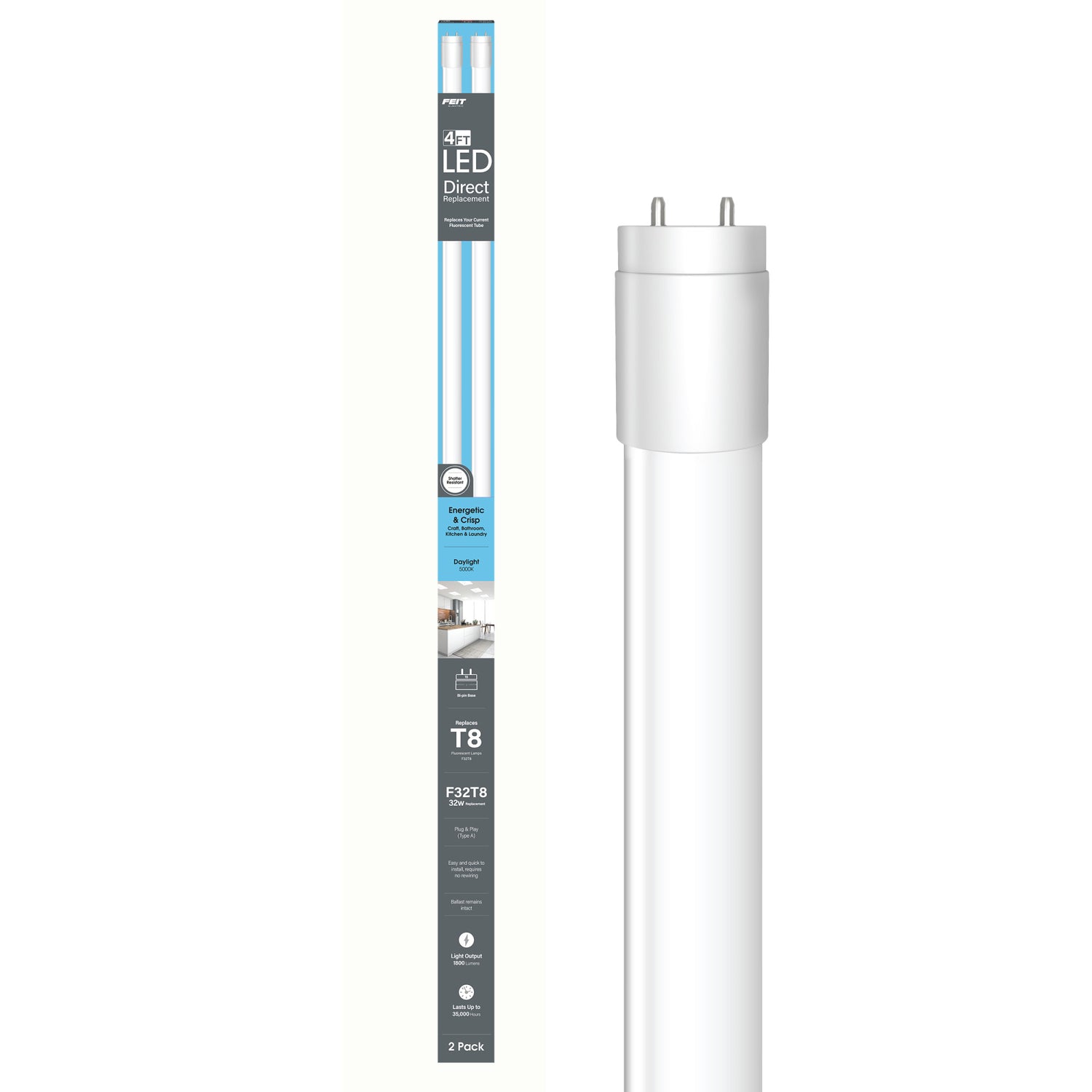 4 ft. 18W (32W Replacement) Daylight (5000K) T8 Direct Replacement (Type A) LED Light Bulb (2-Pack)