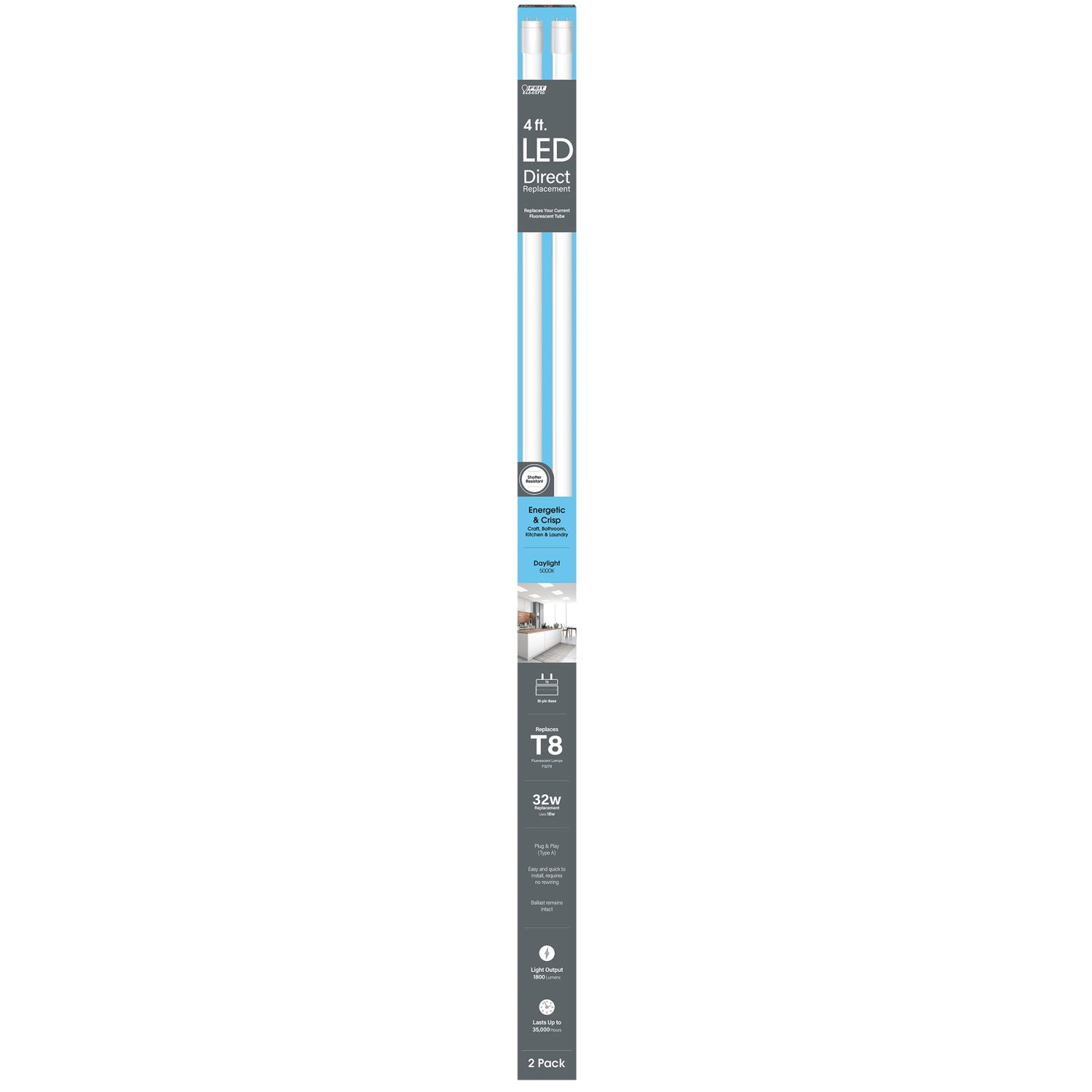 4 ft. 18W (32W Replacement) Daylight (5000K) G13 Base Direct Replacement (Type A) (T8 Replacement) LED Linear Tube (2-Pack)