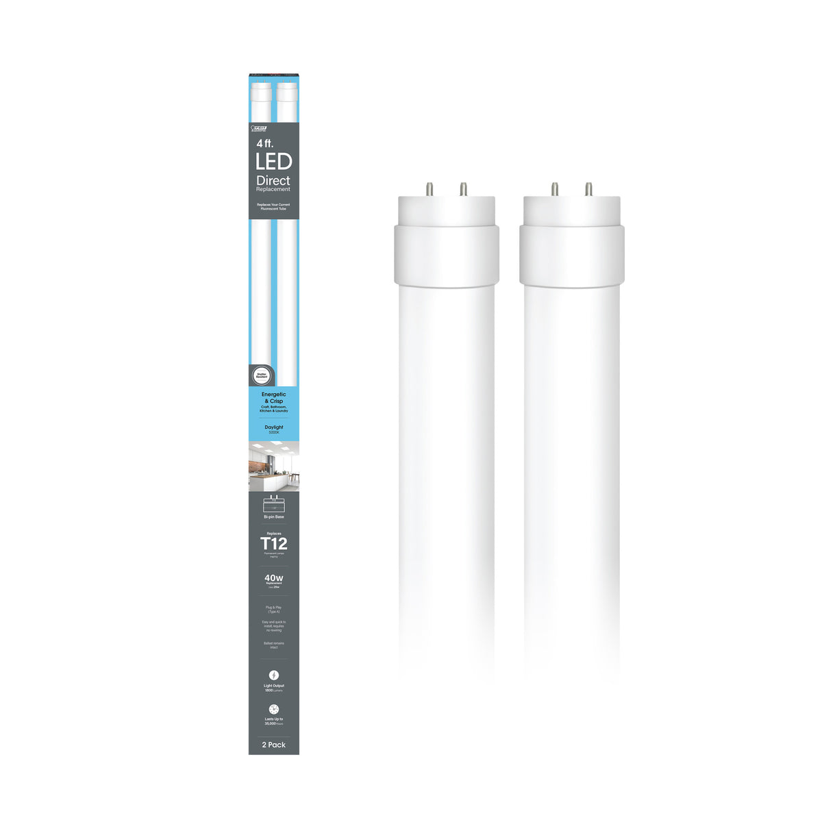 4 ft. 18W (32W Replacement) Daylight (5000K) G13 Base Direct Replacement (Type A) (T8 Replacement) LED Linear Tube (2-Pack)