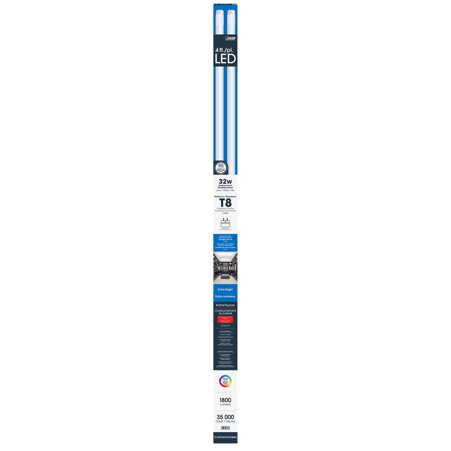 4 ft. 18W (32W Replacement) Daylight Deluxe (6500K) G13 Base (T8 Replacement) Ballast Bypass (Type B) LED Linear Tube (2-Pack)