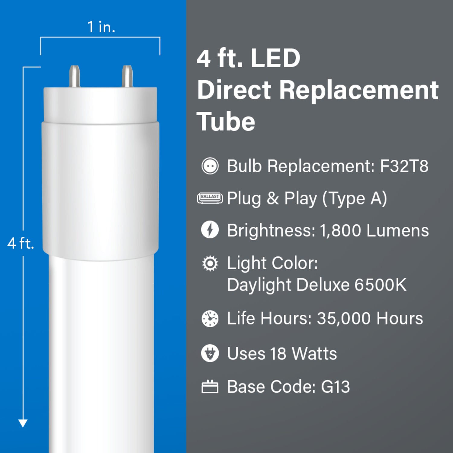 4 ft. 18W (32W Replacement) Daylight Deluxe (6500K) G13 Base Direct Replacement (Type A) (T8 Replacement) LED Linear Tube (10-Pack)