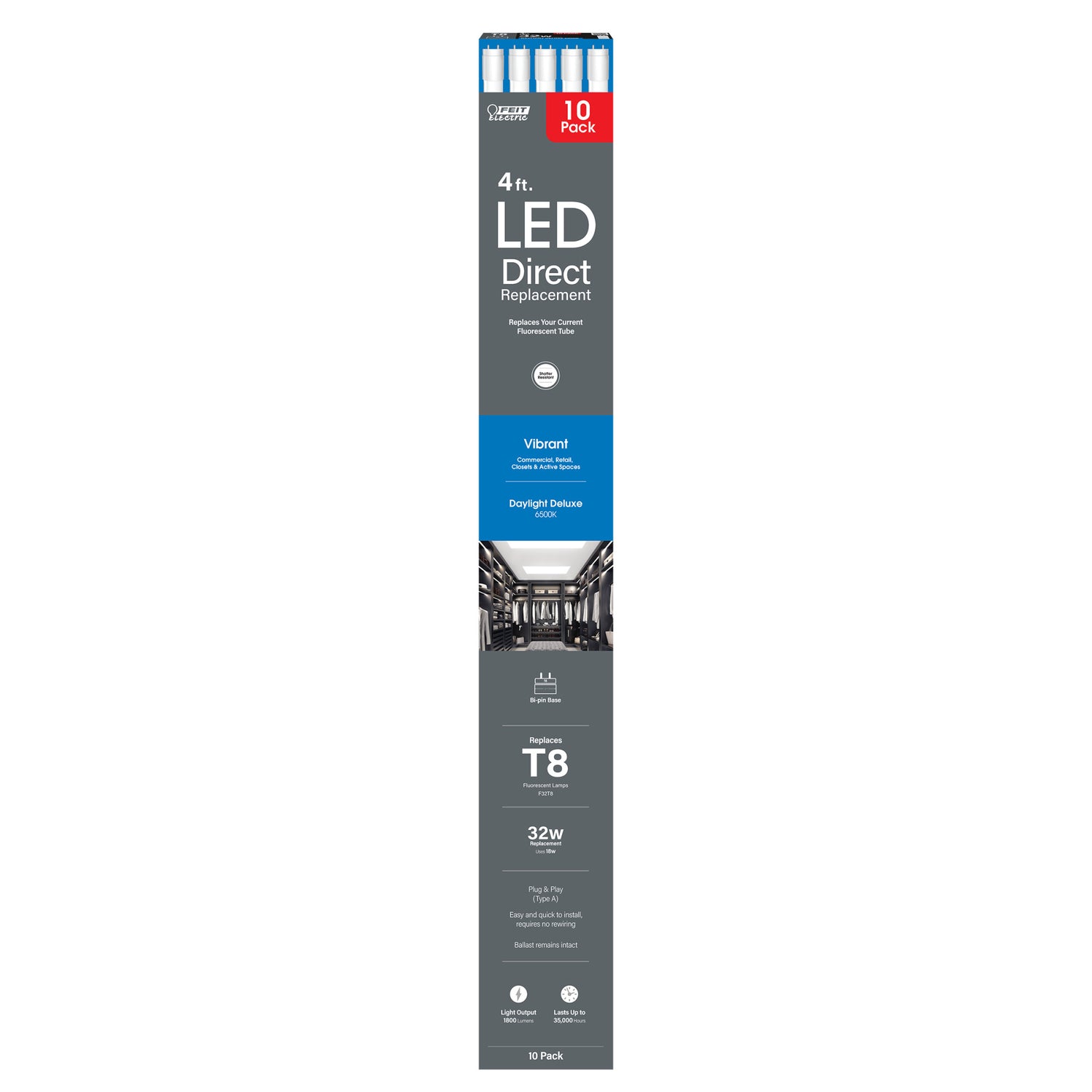 4 ft. 18W (32W Replacement) Daylight Deluxe (6500K) G13 Base Direct Replacement (Type A) (T8 Replacement) LED Linear Tube (10-Pack)