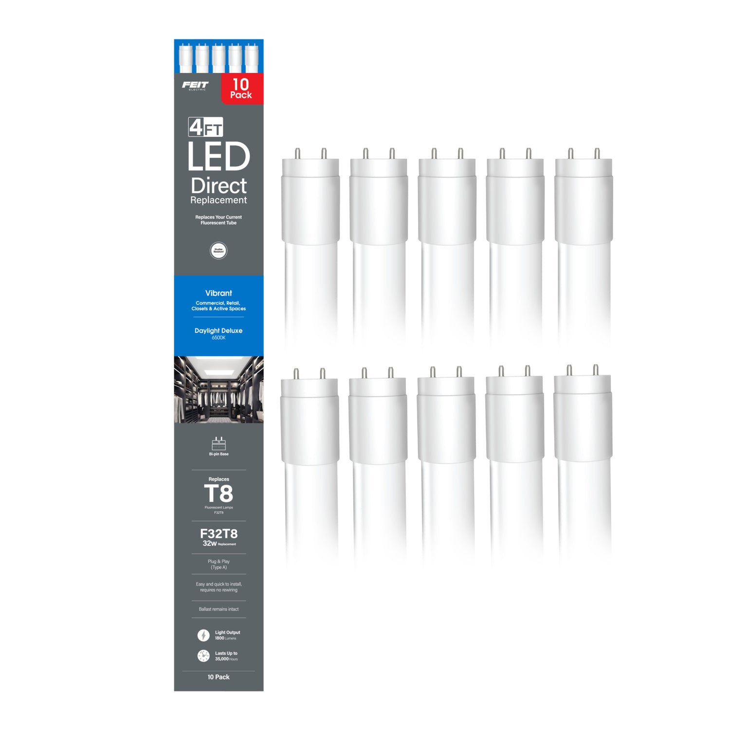 4 ft. 18W (32W Replacement) Daylight Deluxe (6500K) G13 Base Direct Replacement (Type A) (T8 Replacement) LED Linear Tube (10-Pack)