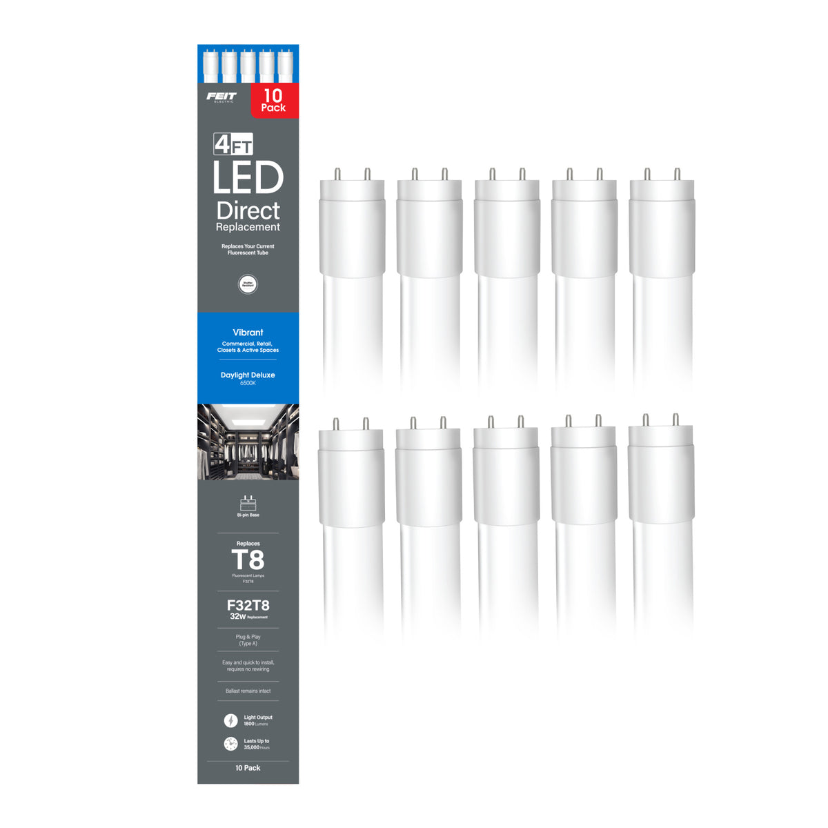 4 ft. 18W (32W Replacement) Daylight Deluxe (6500K) G13 Base Direct Replacement (Type A) (T8 Replacement) LED Linear Tube (10-Pack)