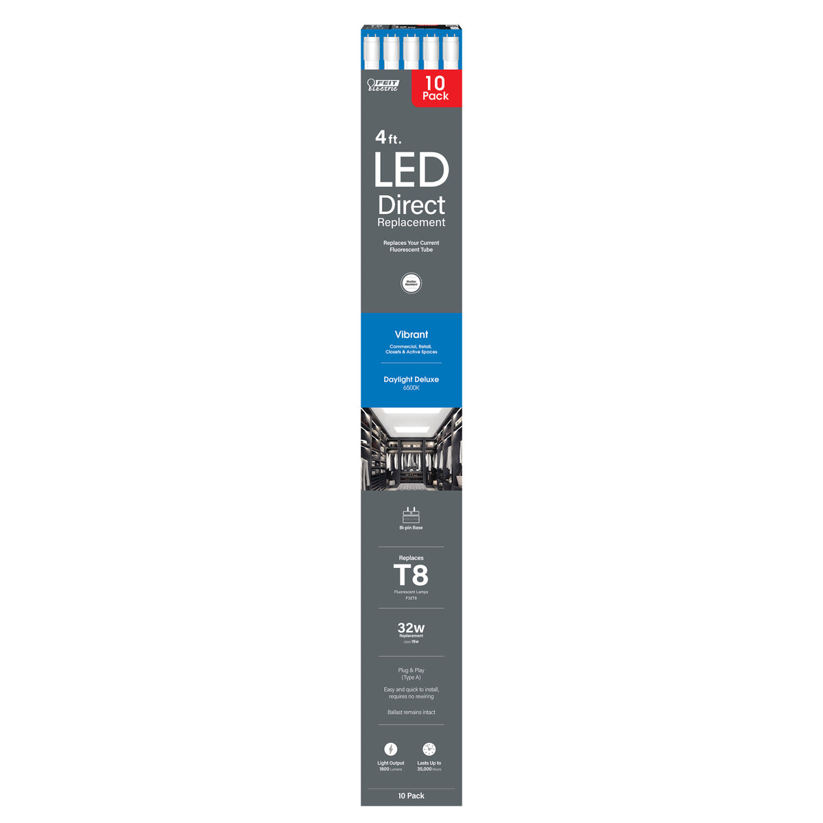 4 ft. 18W (32W Replacement) Daylight Deluxe (6500K) G13 Base Direct Replacement (Type A) (T8 Replacement) LED Linear Tube (10-Pack)