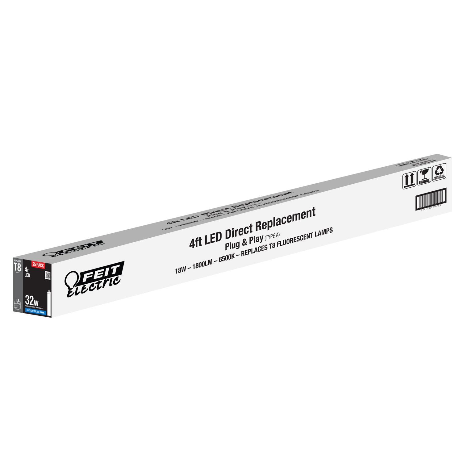 4 ft. 18W (32W Equivalent) Daylight Deluxe White (6500K) G13 Base Direct Replacement (Type A) (T8 Replacement) LED Linear Tube (25-Pack)