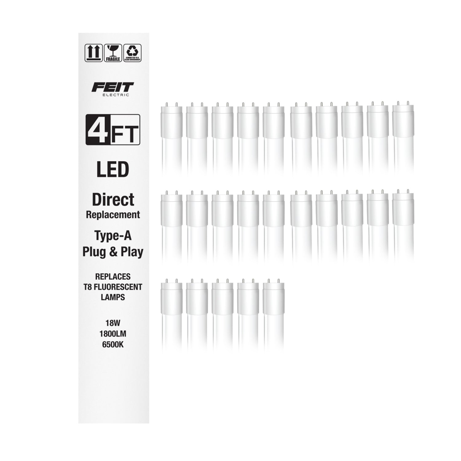 4 ft. 18W (32W Equivalent) Daylight Deluxe White (6500K) G13 Base Direct Replacement (Type A) (T8 Replacement) LED Linear Tube (25-Pack)