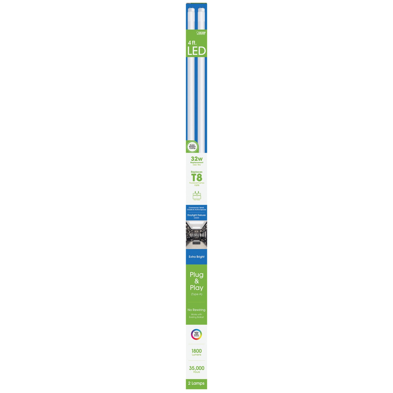 4 ft. 18W (32W Replacement) Daylight Deluxe (6500K) Direct Replacement (Type A) T8 LED Tube (2-Pack) - Feit Electric