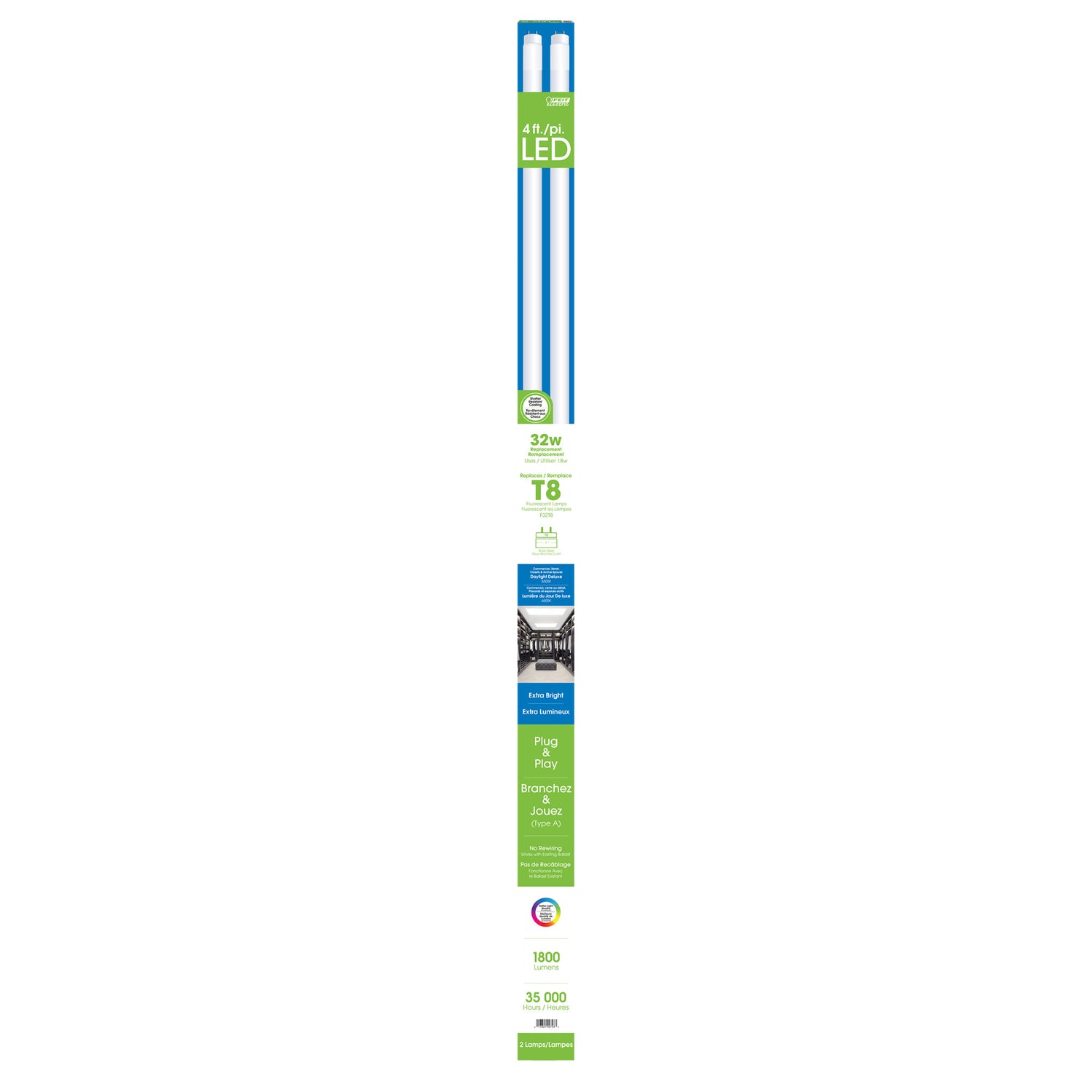 4 ft. 18W (32W Replacement) Daylight Deluxe (6500K) Direct Replacement (Type A) T8 LED Tube (2-Pack) - Feit Electric