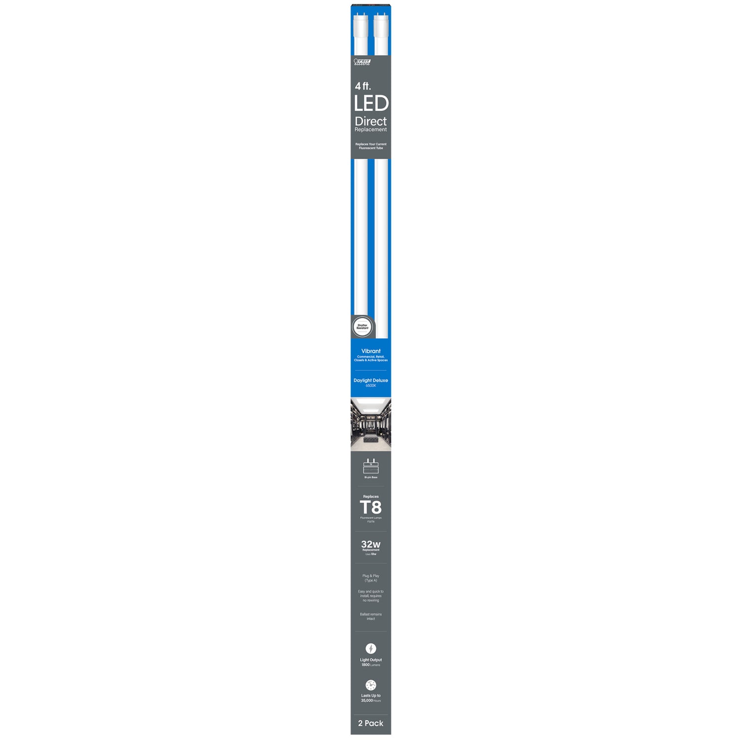 4 ft. 18W (32W Replacement) Daylight Deluxe (6500K) G13 Base Direct Replacement (Type A) (T8 Replacement) LED Linear Tube (2-Pack)
