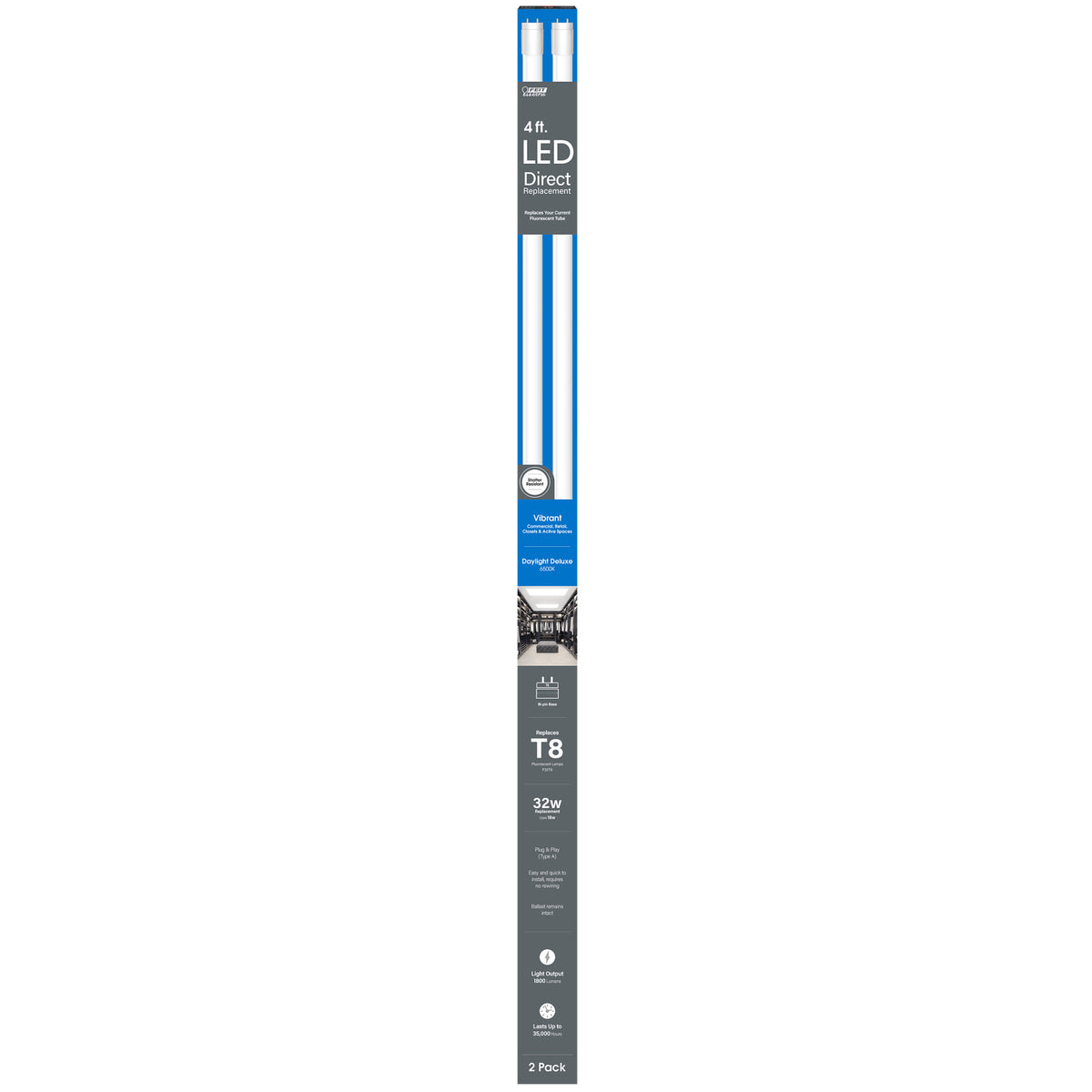 4 ft. 18W (32W Replacement) Daylight Deluxe (6500K) G13 Base Direct Replacement (Type A) (T8 Replacement) LED Linear Tube (2-Pack)