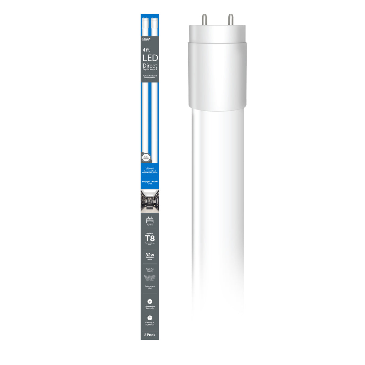 4 ft. 18W (32W Replacement) Daylight Deluxe (6500K) G13 Base Direct Replacement (Type A) (T8 Replacement) LED Linear Tube (2-Pack)